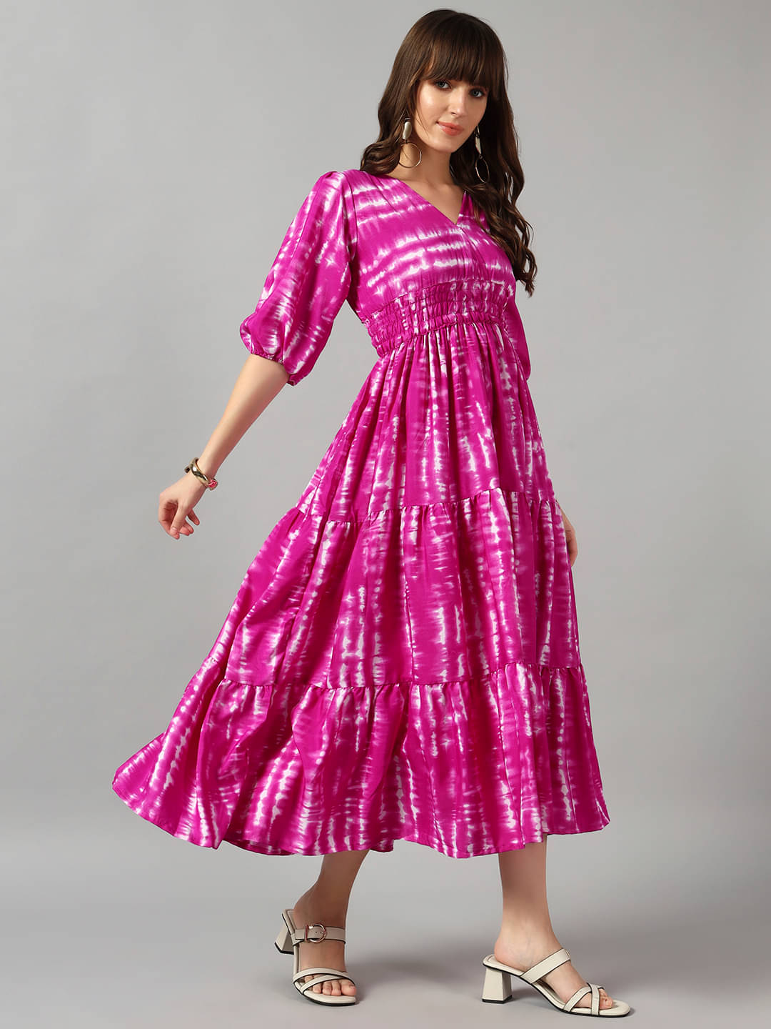     			Femvy Women Crepe Printed Fit & Flare Dress ( Lavender )