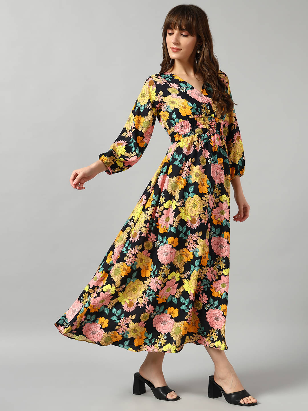    			Femvy Women Crepe Printed Fit & Flare Dress ( Yellow )