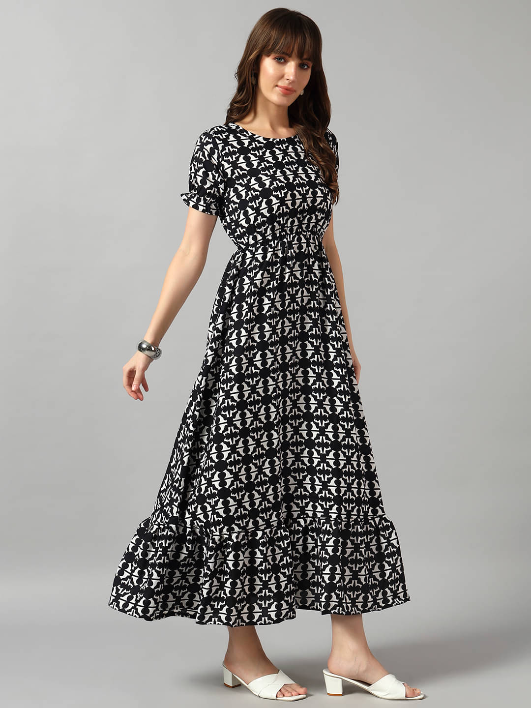     			Femvy Women Crepe Printed Fit & Flare Dress ( Black )