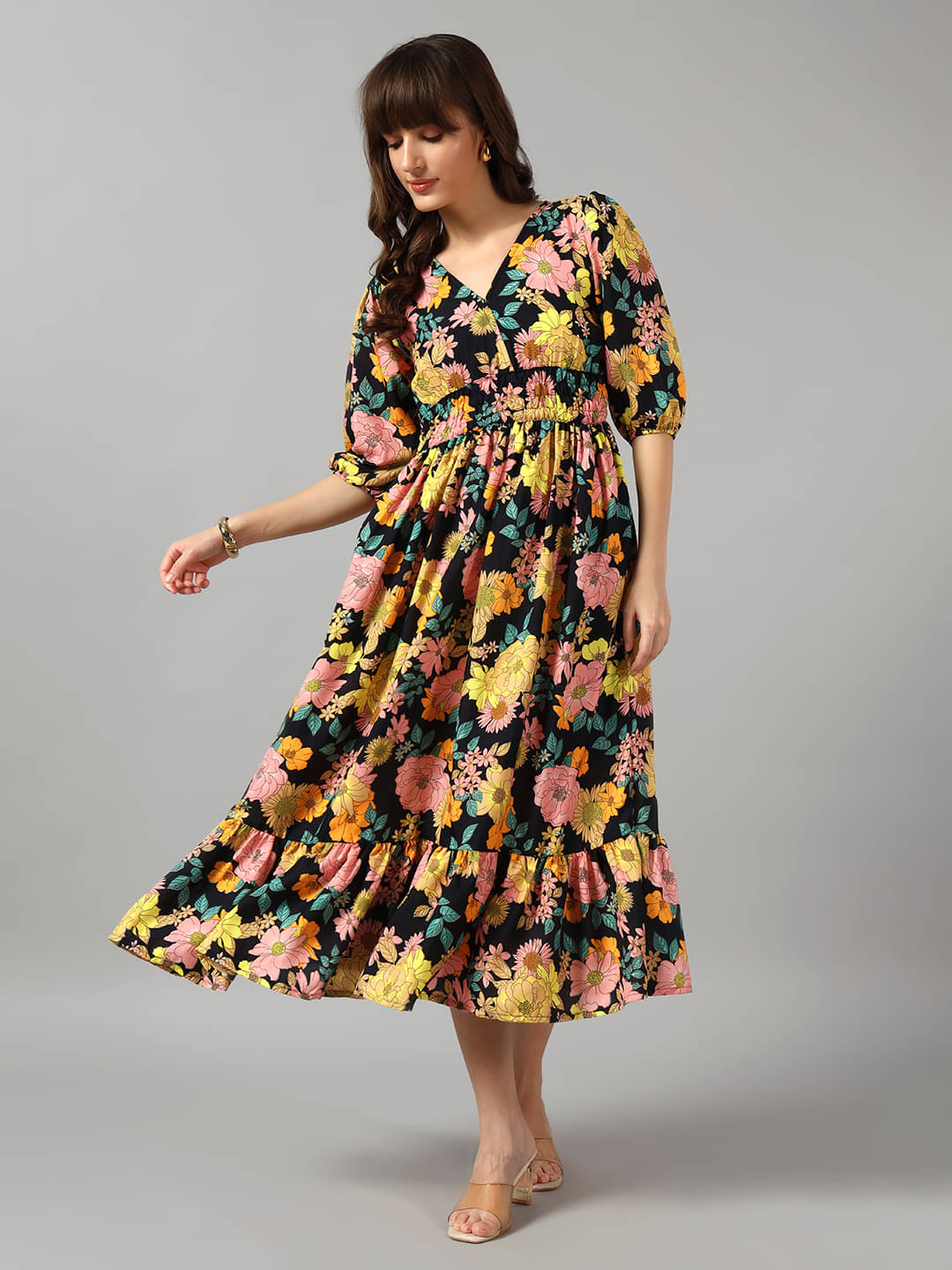     			Femvy Women Crepe Printed Fit & Flare Dress ( Yellow )
