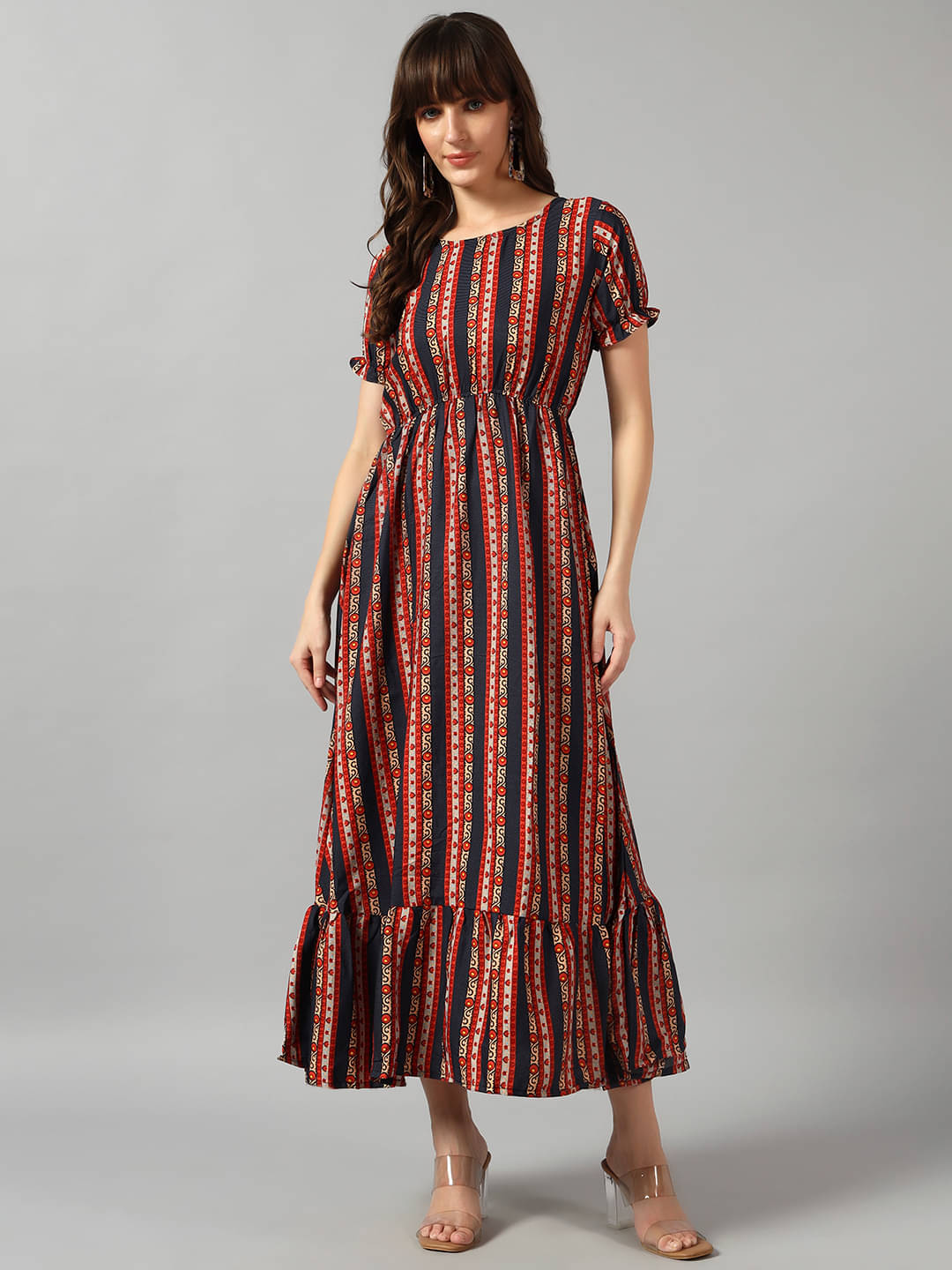     			Femvy Women Crepe Printed Fit & Flare Dress ( Black )