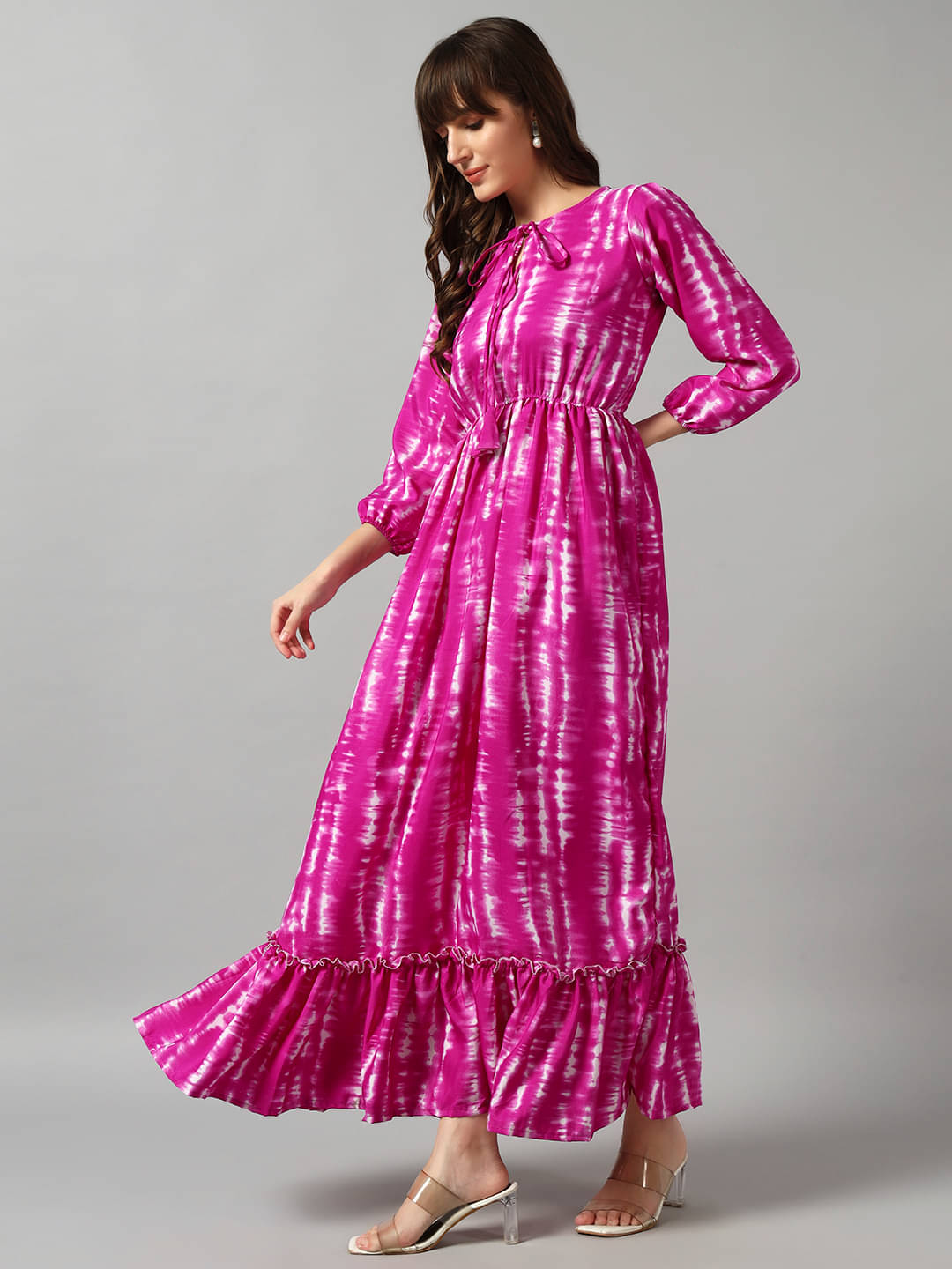     			Femvy Women Crepe Printed Fit & Flare Dress ( Lavender )