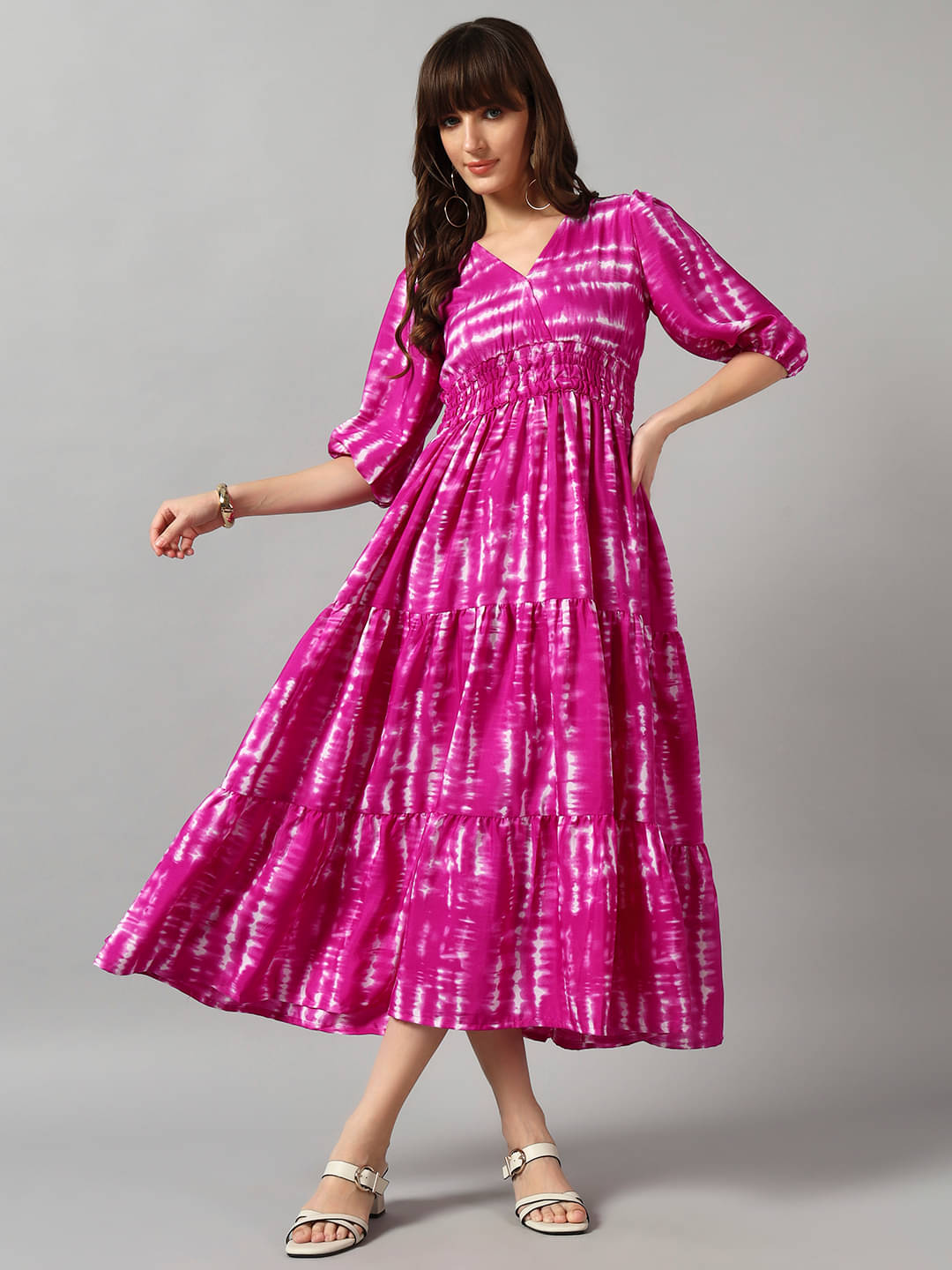     			Femvy Women Crepe Printed Fit & Flare Dress ( Lavender )