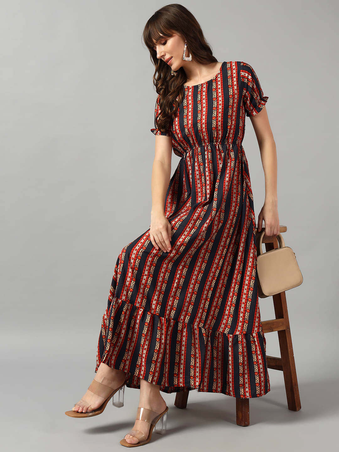     			Femvy Women Crepe Printed Fit & Flare Dress ( Black )