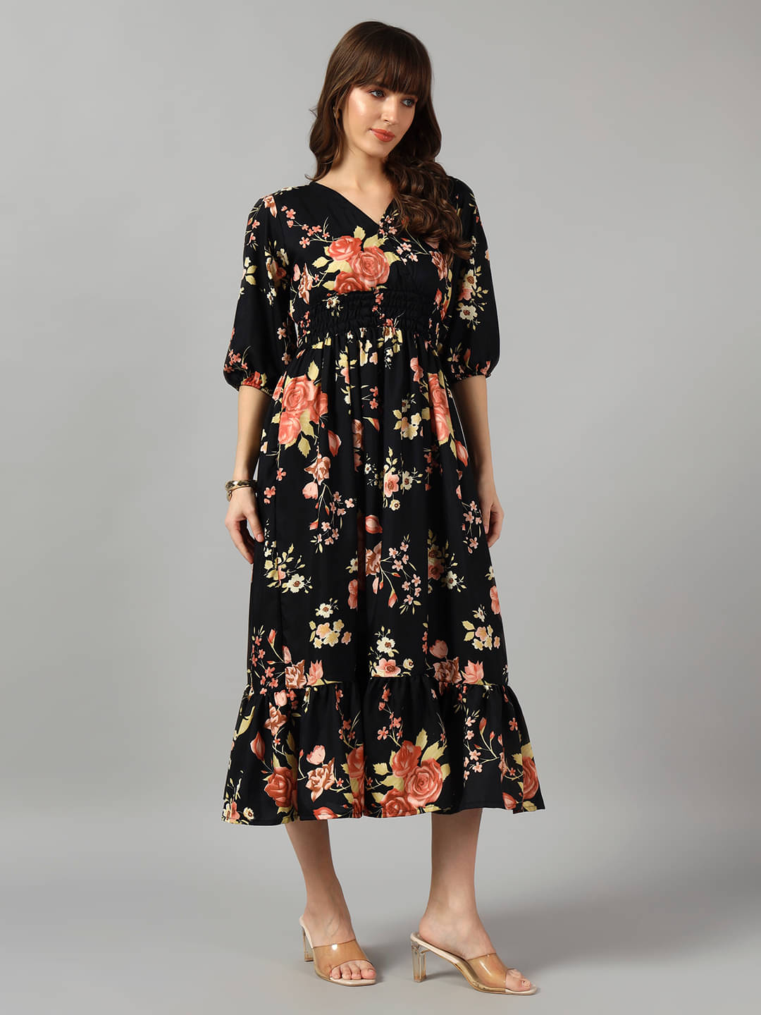    			Femvy Women Crepe Printed Fit & Flare Dress ( Gold )