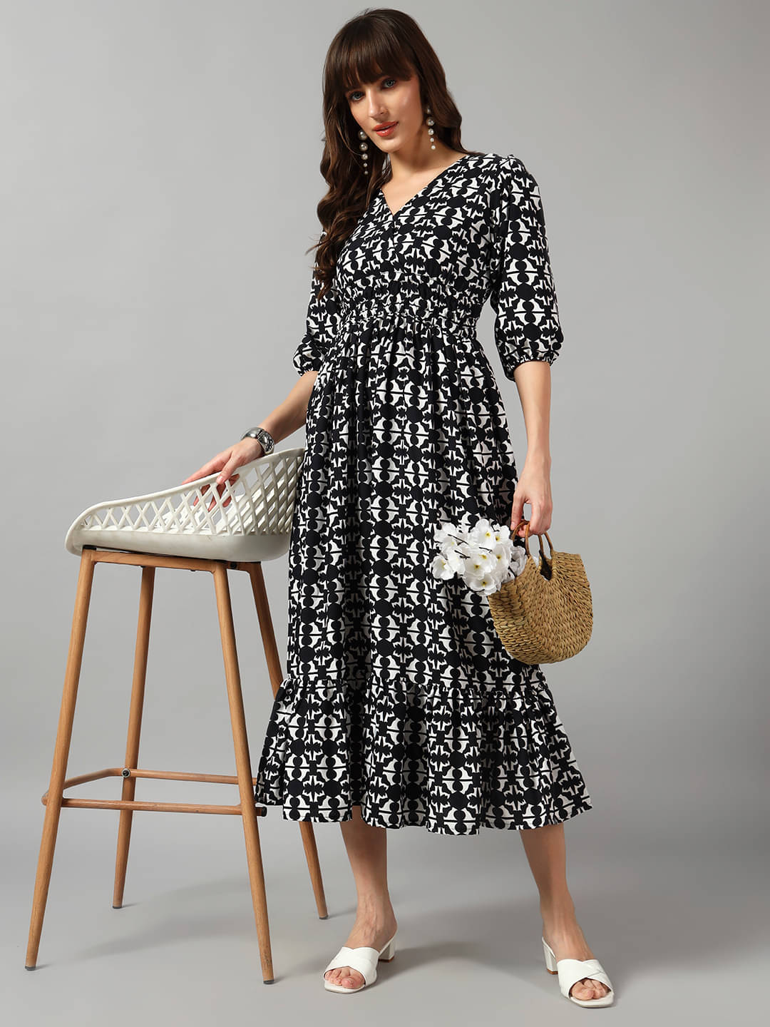     			Femvy Women Crepe Printed Fit & Flare Dress ( Black )