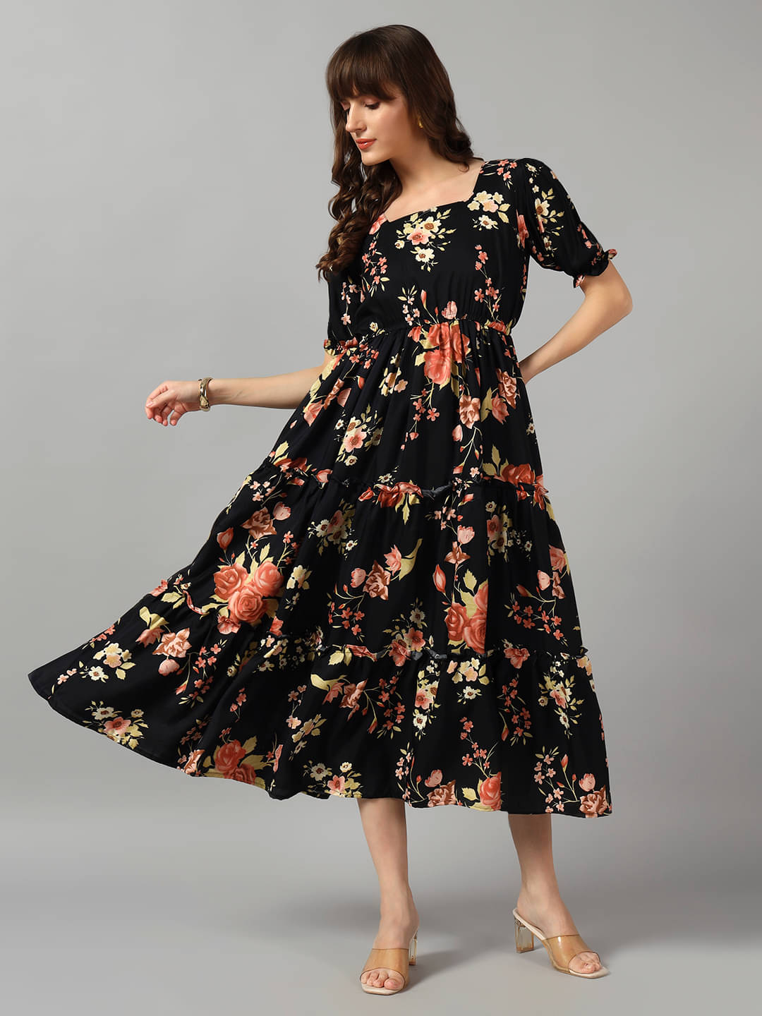     			Femvy Women Crepe Printed Fit & Flare Dress ( Gold )