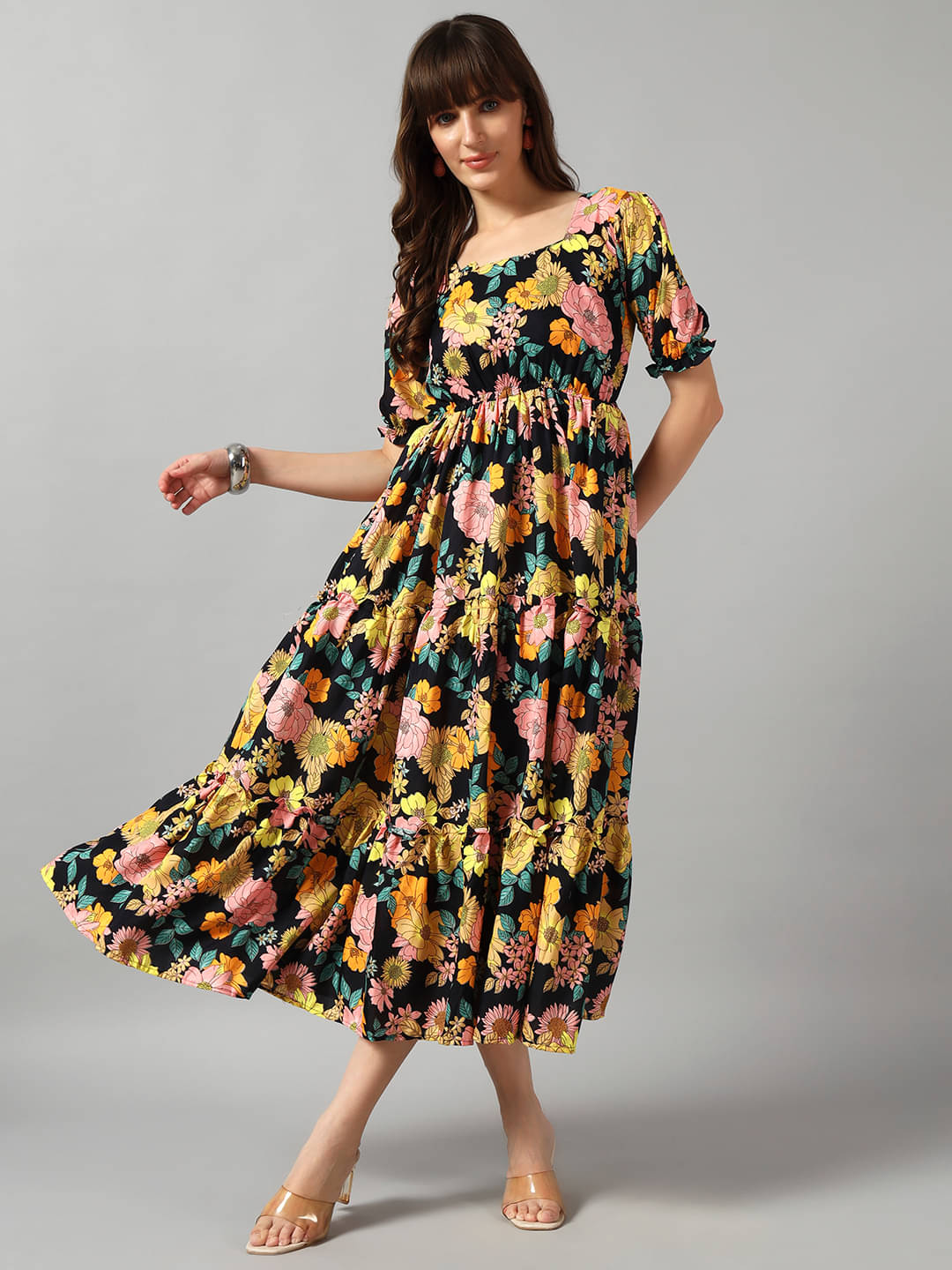     			Femvy Women Crepe Printed Fit & Flare Dress ( Yellow )
