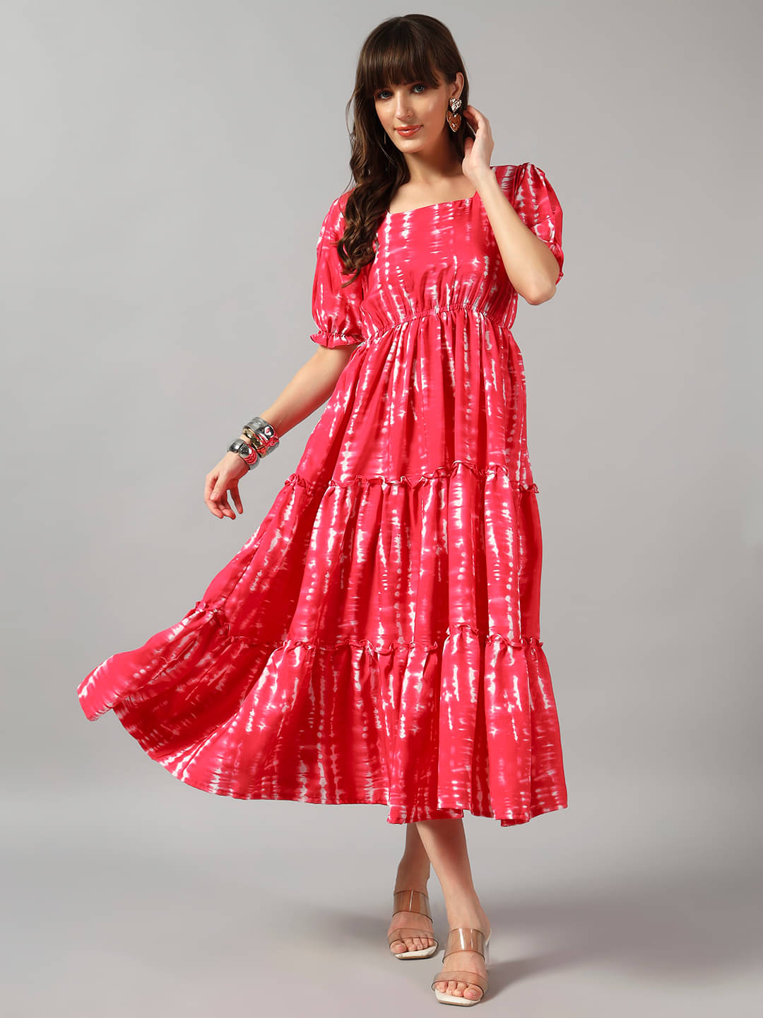     			Femvy Women Crepe Printed Fit & Flare Dress ( Pink )