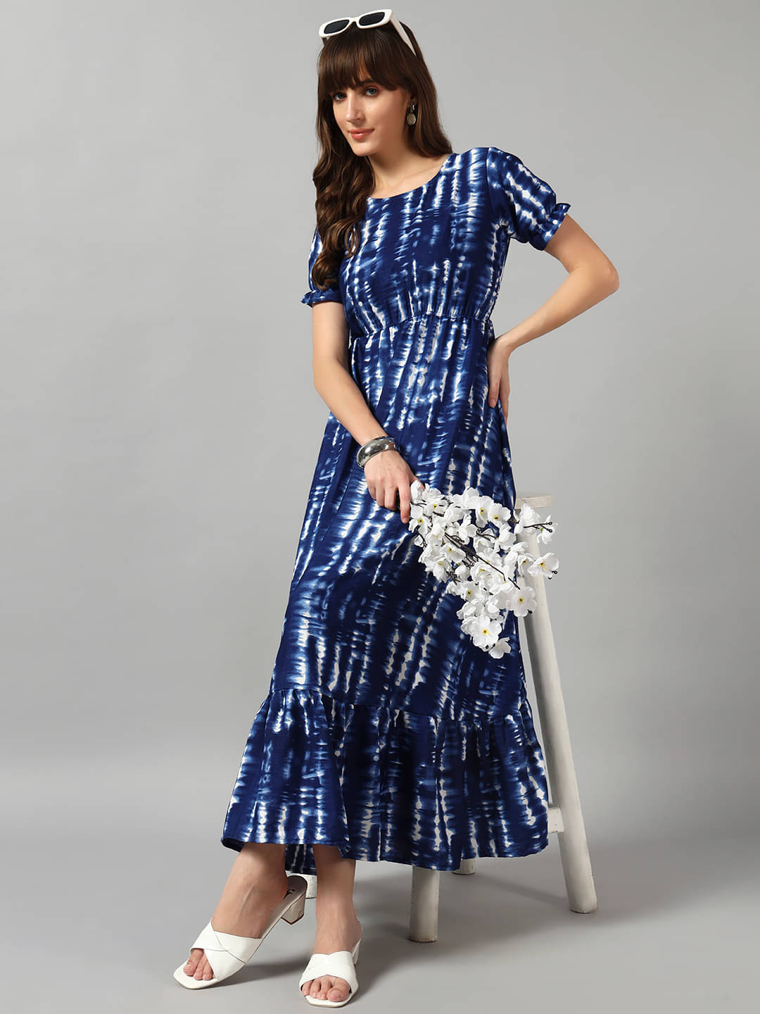     			Femvy Women Crepe Printed Fit & Flare Dress ( Blue )