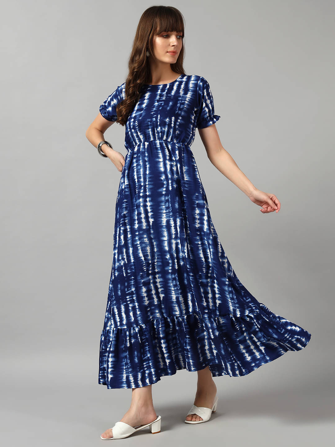     			Femvy Women Crepe Printed Fit & Flare Dress ( Blue )