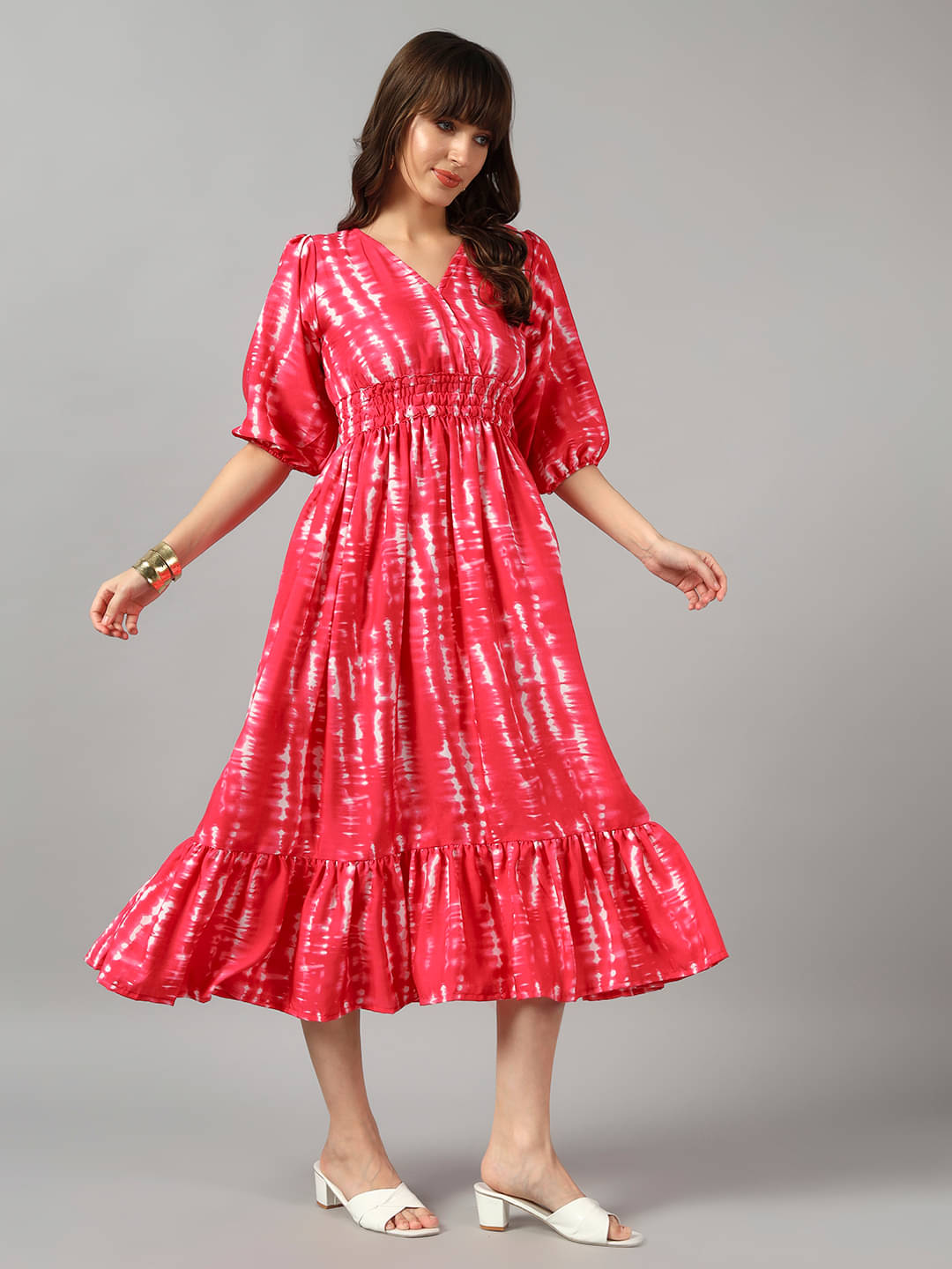     			Femvy Women Crepe Printed Fit & Flare Dress ( Pink )