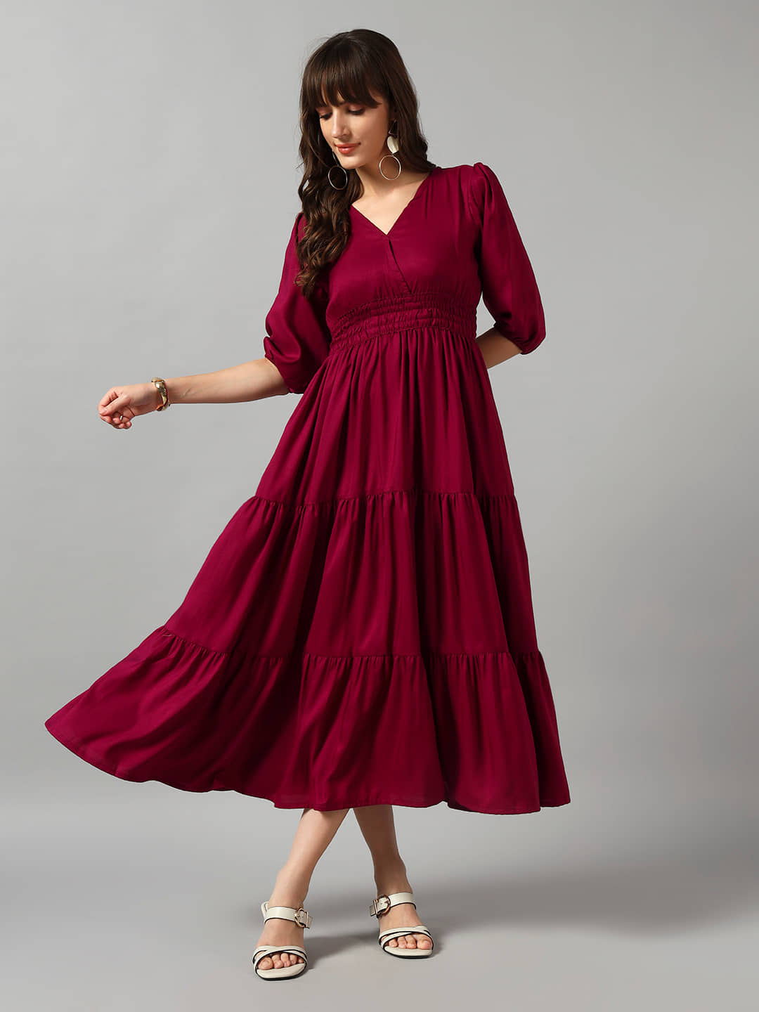 Femvy Women Crepe Solid Fit & Flare Dress ( Wine )