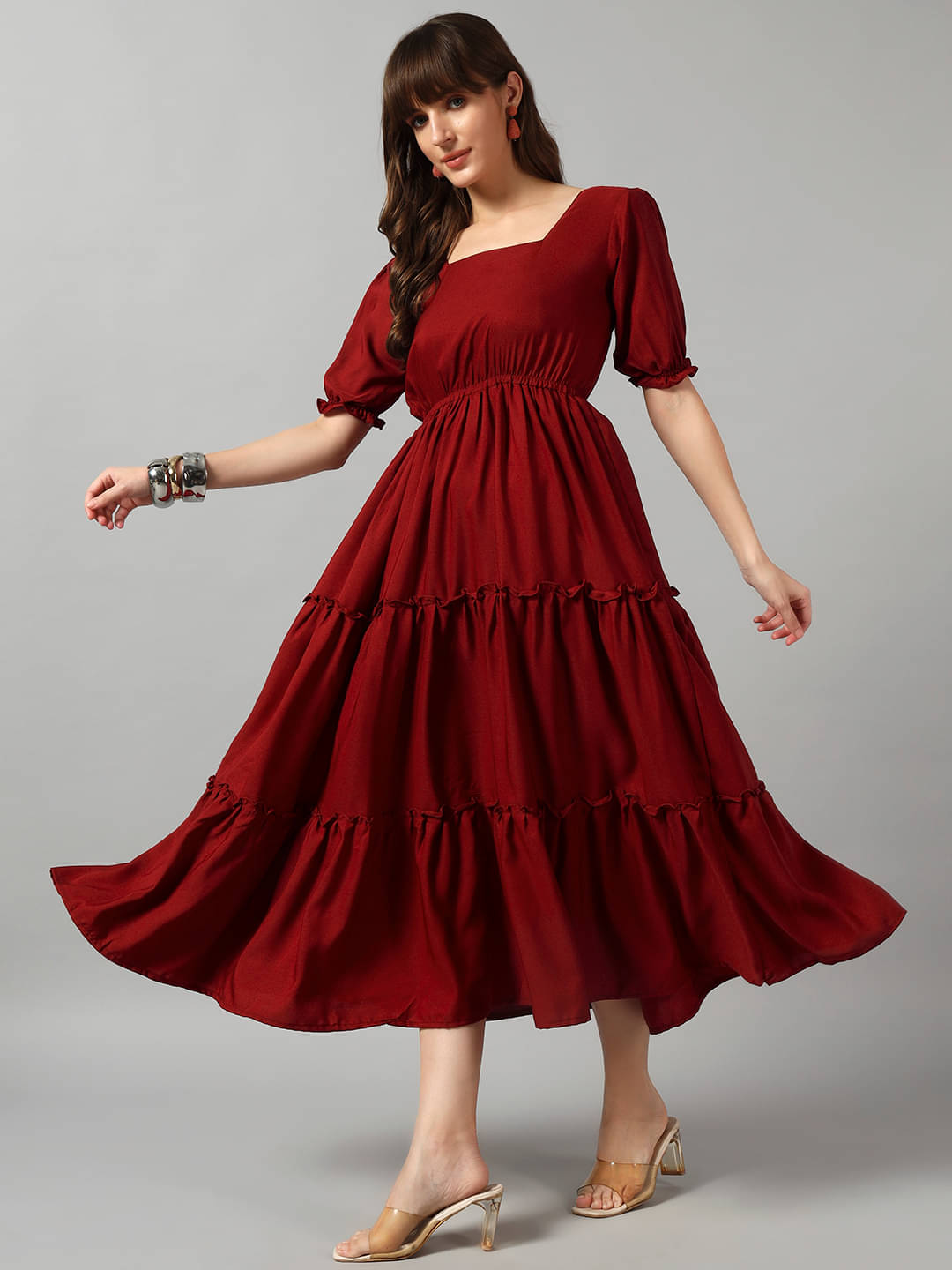 Femvy Women Crepe Solid Fit & Flare Dress ( Wine )     			Femvy Women Crepe Solid Fit & Flare Dress ( Wine )