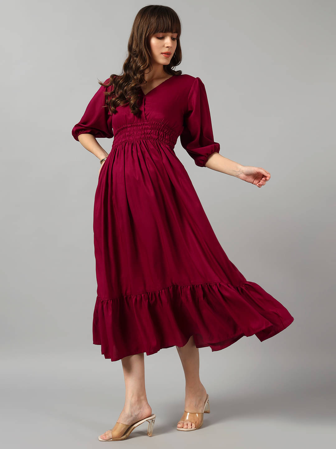 Femvy Women Crepe Solid Fit & Flare Dress ( Wine )     			Femvy Women Crepe Solid Fit & Flare Dress ( Wine )