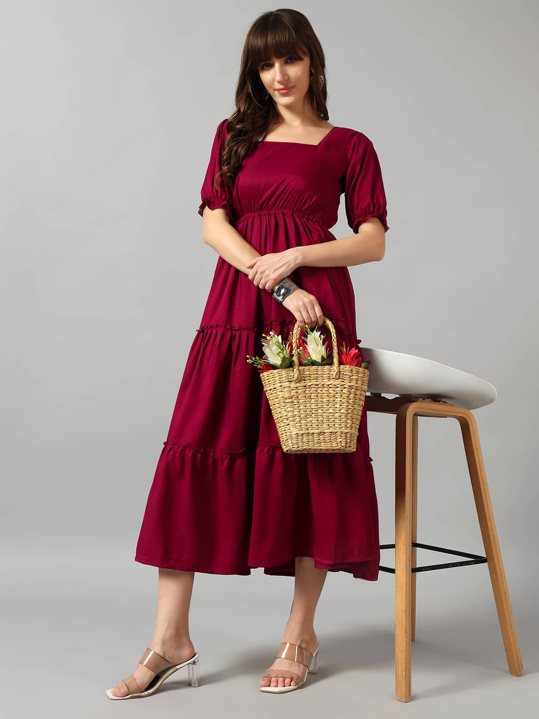     			Femvy Women Crepe Solid Fit & Flare Dress ( Maroon )