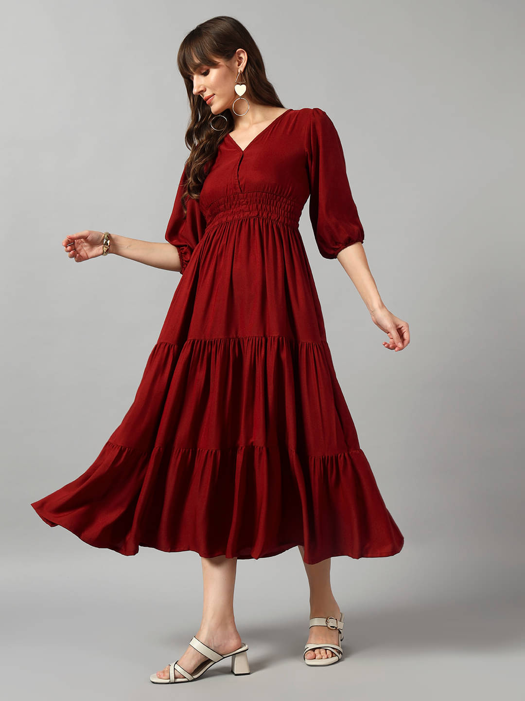     			Femvy Women Crepe Solid Fit & Flare Dress ( Maroon )