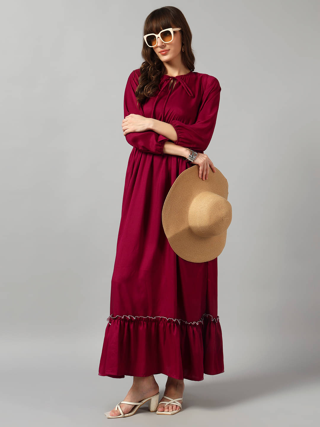     			Femvy Women Crepe Solid Fit & Flare Dress ( Wine )