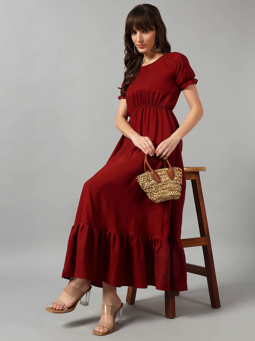     			Femvy Women Crepe Solid Fit & Flare Dress ( Maroon )