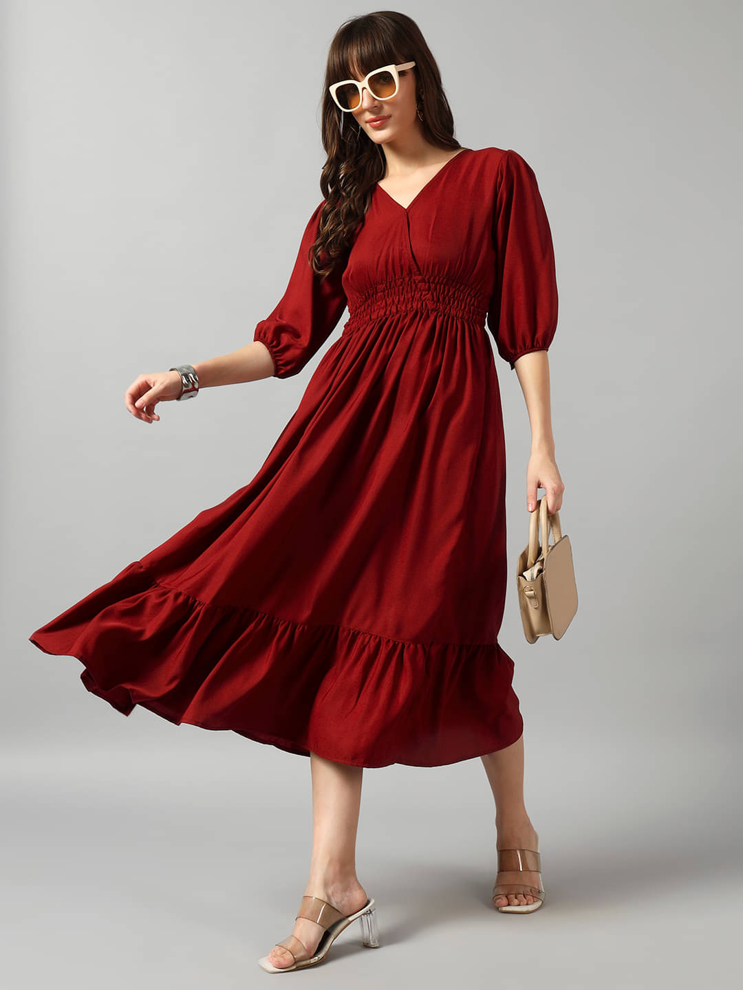     			Femvy Women Crepe Solid Fit & Flare Dress ( Maroon )
