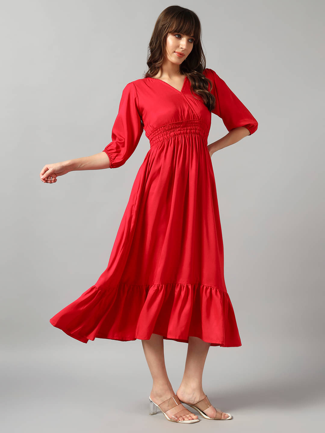     			Femvy Women Crepe Solid Fit & Flare Dress ( Pink )