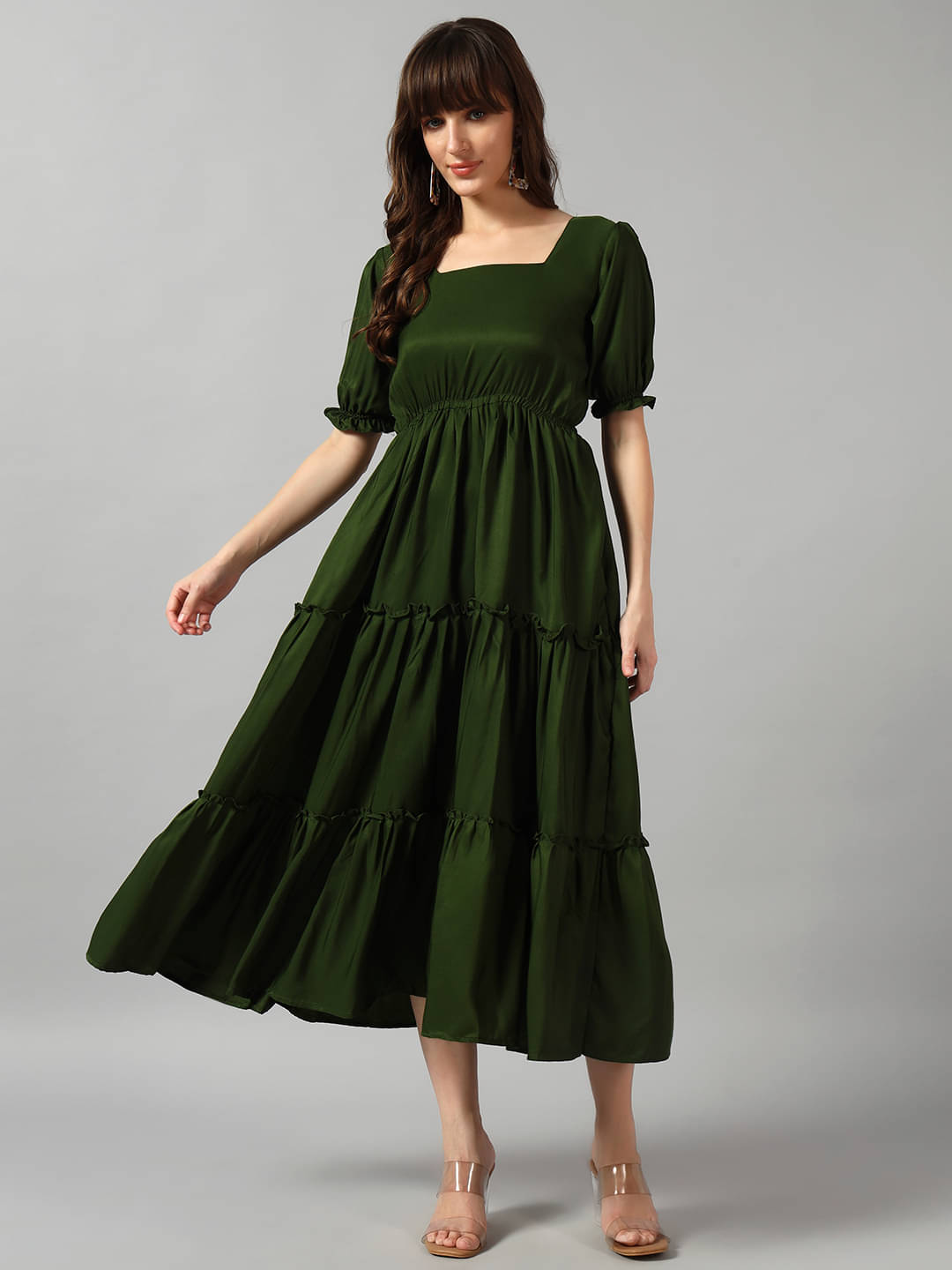     			Femvy Women Crepe Solid Fit & Flare Dress ( Olive )