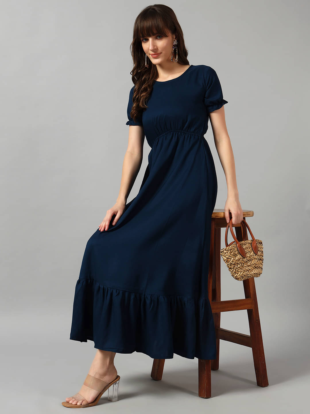     			Femvy Women Crepe Solid Fit & Flare Dress ( Blue )