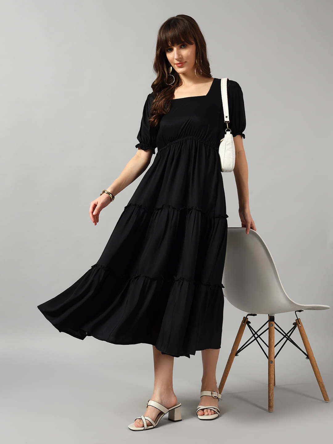     			Femvy Women Crepe Solid Fit & Flare Dress ( Black )