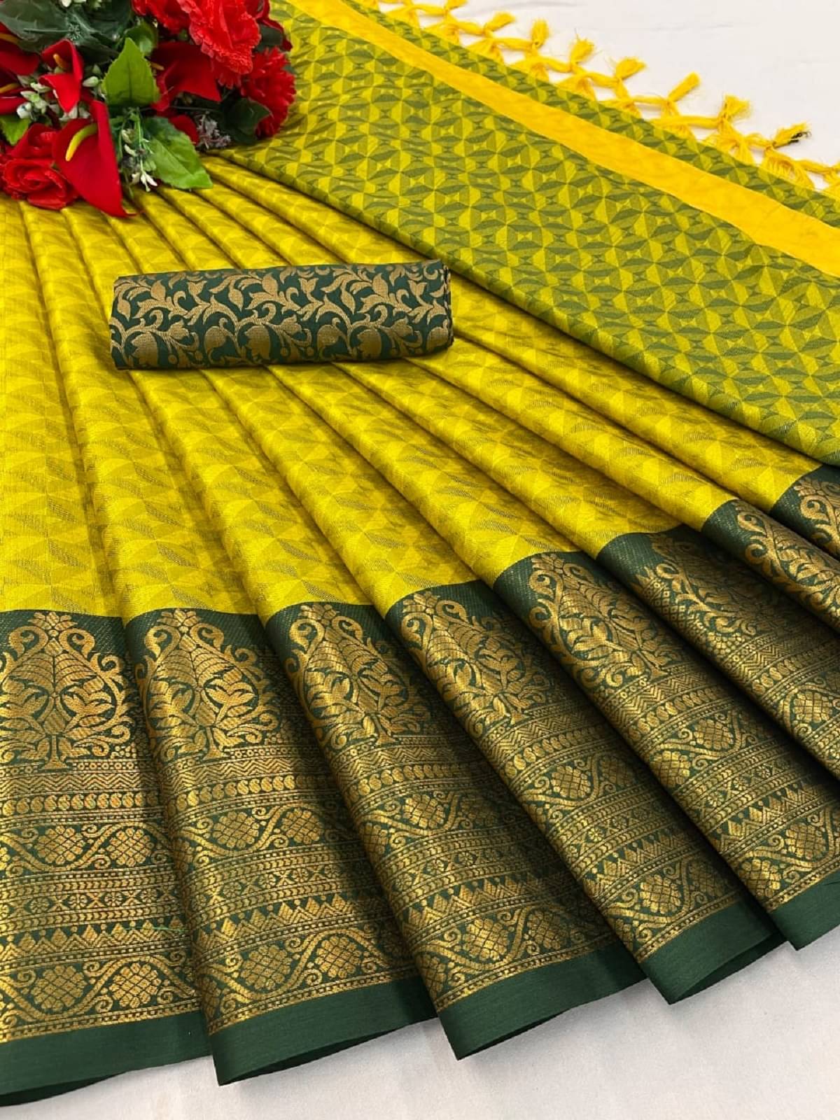     			SATVASHIV Silk Blend Self Design Regular Saree With Unstitched Blouse Piece ( Lime green )