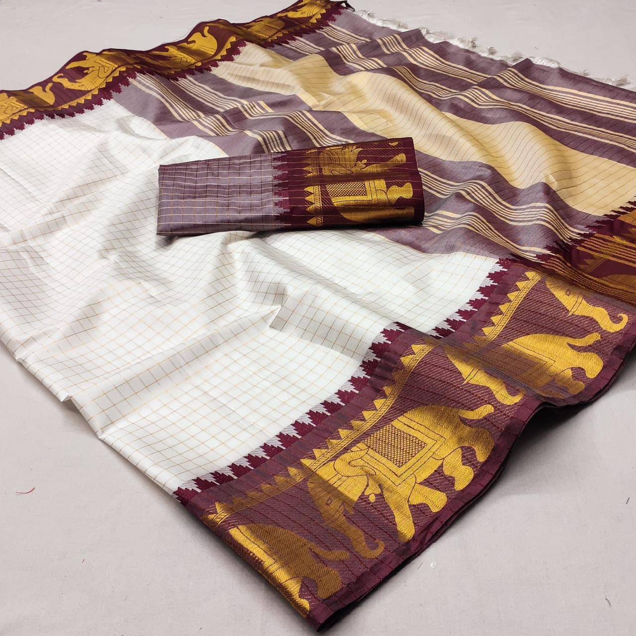SATVASHIV Silk Checked Regular Saree With Unstitched Blouse Piece ( Brown ) SATVASHIV Silk Checked Regular Saree With Unstitched Blouse Piece ( Brown )