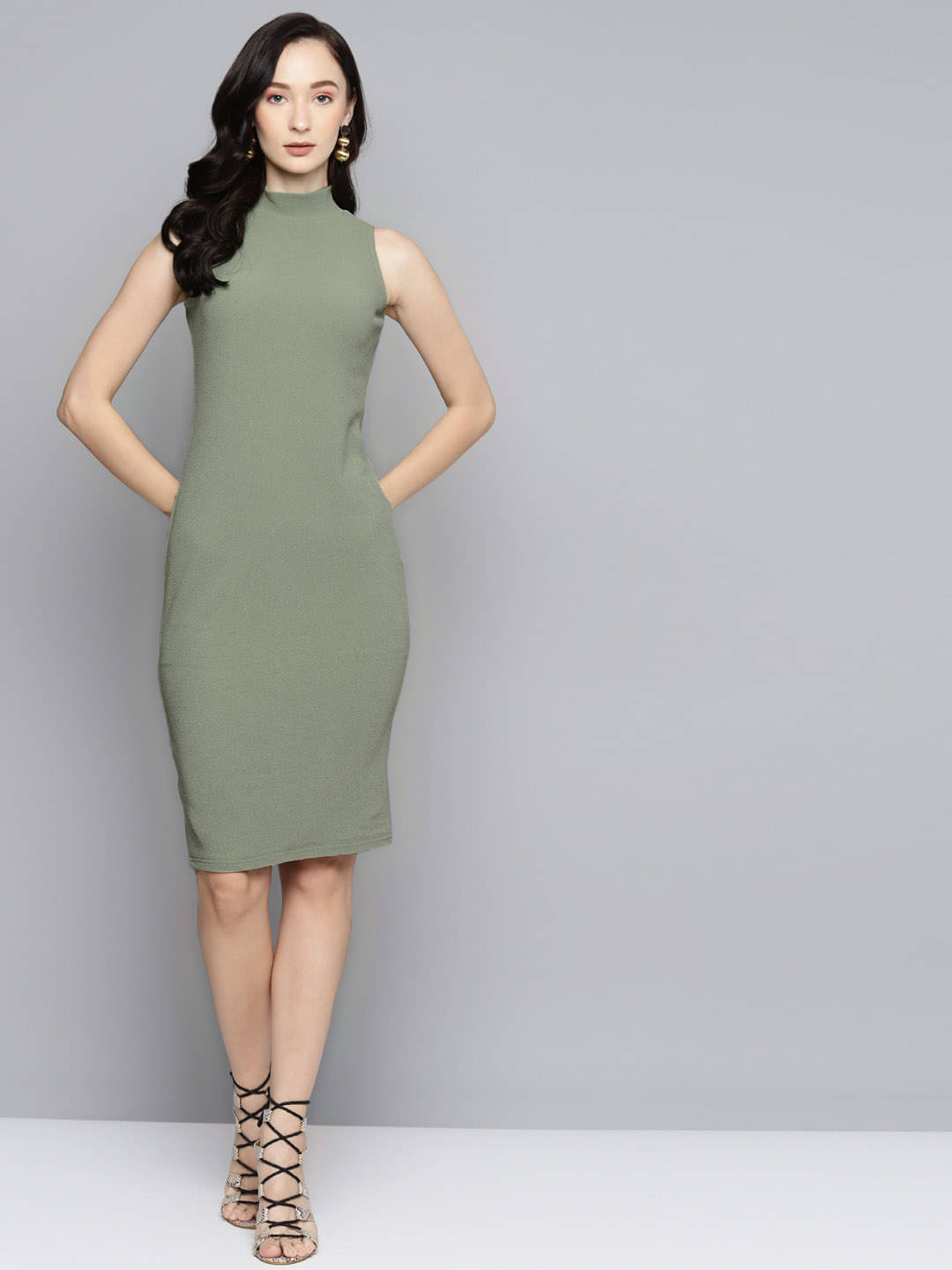 Sassafras Women Polyester Blend Bodycon Dress ( Olive ) Sassafras Women Polyester Blend Bodycon Dress ( Olive )