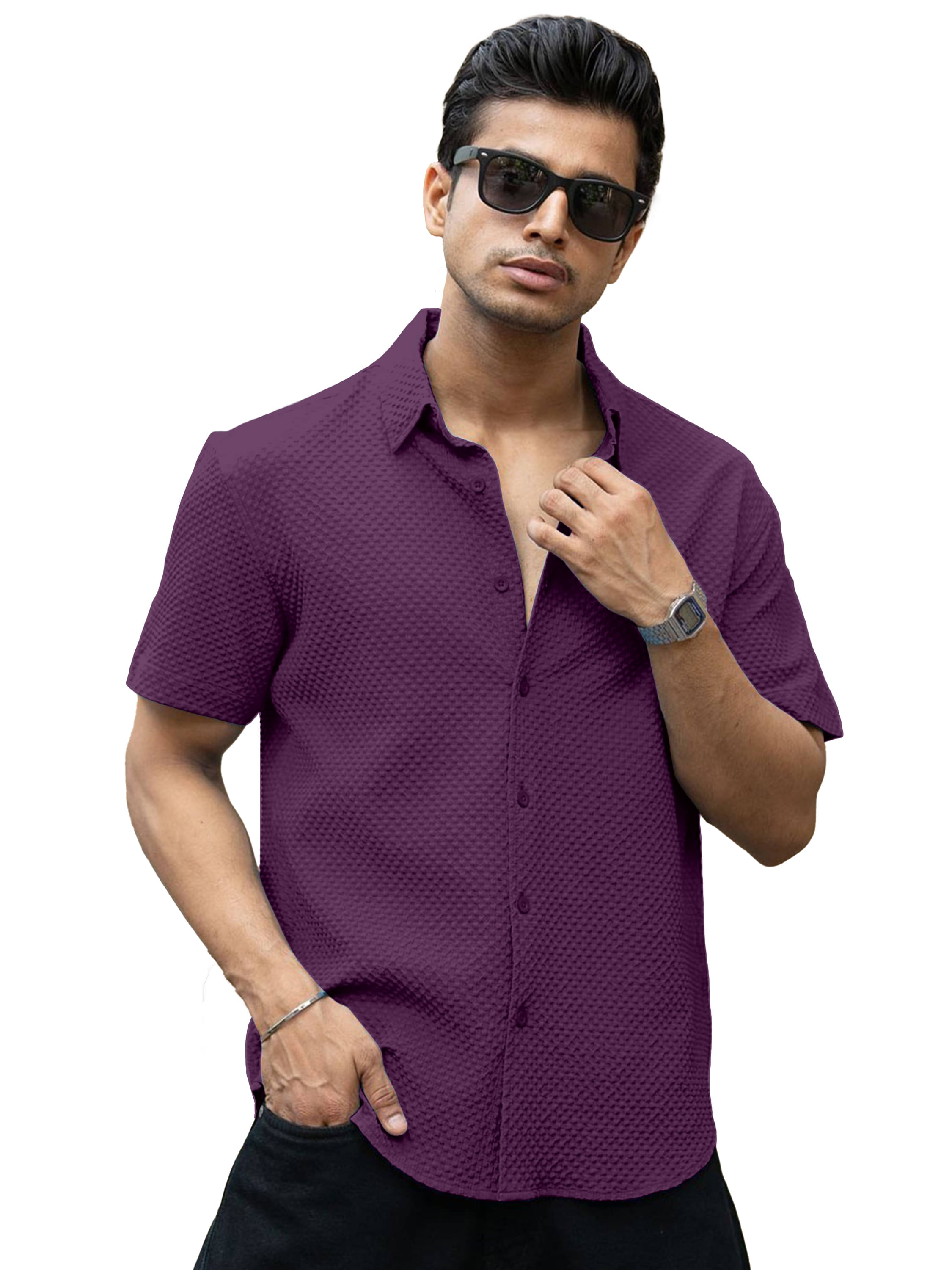 color bucket Cotton Blend Regular Fit Popcorn Textured Half Sleeves Men's Casual Shirt - Purple ( Pack of 1 )     			color bucket Cotton Blend Regular Fit Popcorn Textured Half Sleeves Men's Casual Shirt - Purple ( Pack of 1 )