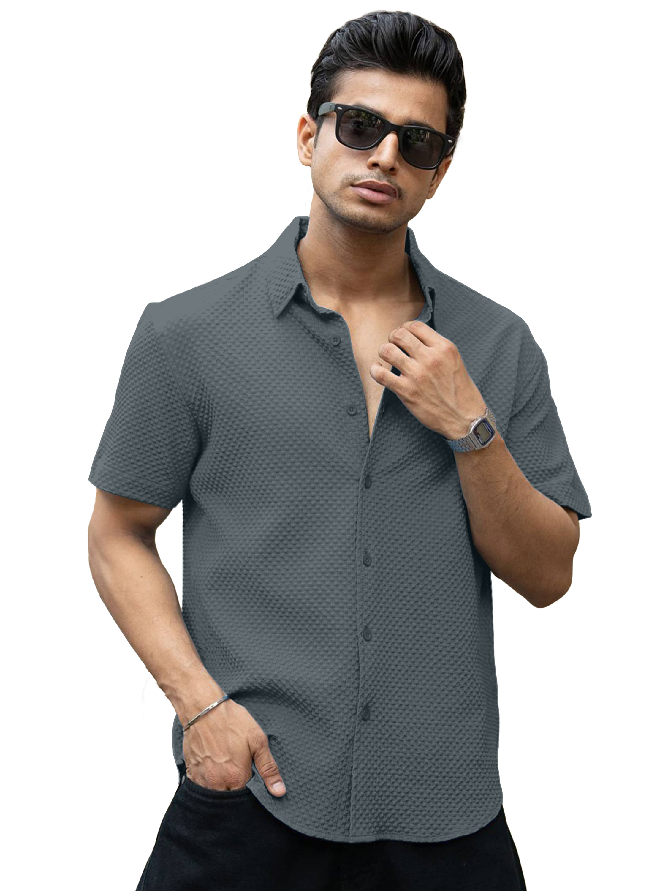 color bucket Cotton Blend Regular Fit Popcorn Textured Half Sleeves Men's Casual Shirt - Grey ( Pack of 1 ) color bucket Cotton Blend Regular Fit Popcorn Textured Half Sleeves Men's Casual Shirt - Grey ( Pack of 1 )
