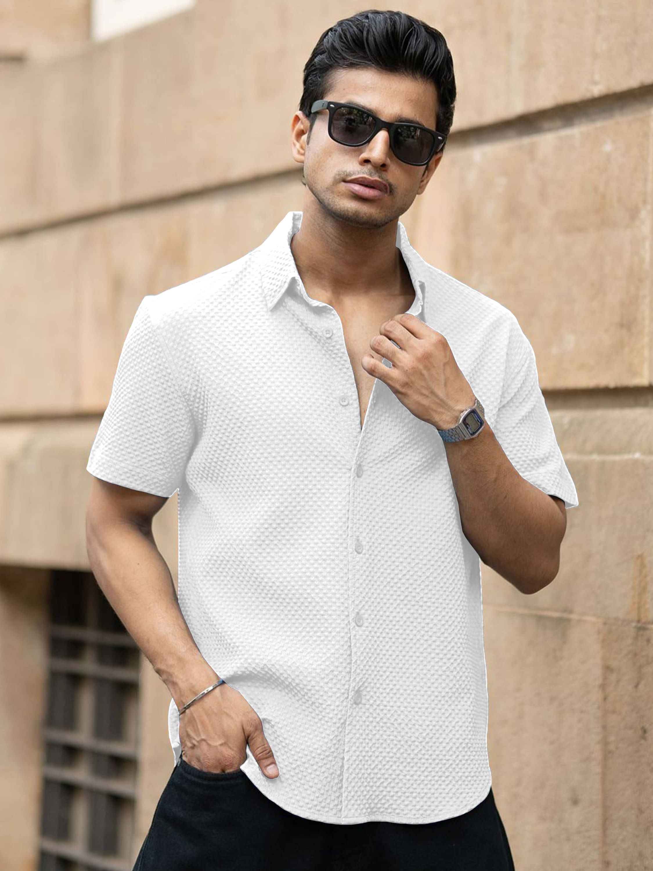 color bucket Cotton Blend Regular Fit Popcorn Textured Half Sleeves Men's Casual Shirt - White ( Pack of 1 )     			color bucket Cotton Blend Regular Fit Popcorn Textured Half Sleeves Men's Casual Shirt - White ( Pack of 1 )