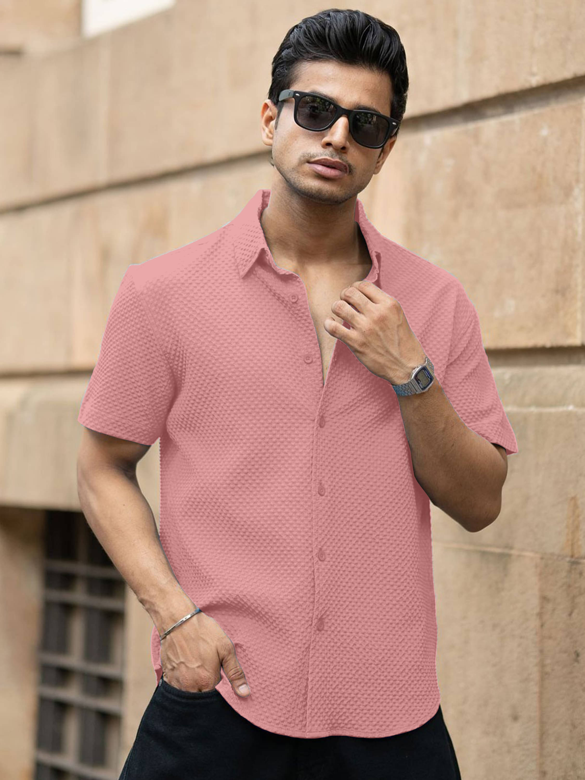     			color bucket Cotton Blend Regular Fit Popcorn Textured Half Sleeves Men's Casual Shirt - Peach ( Pack of 1 )