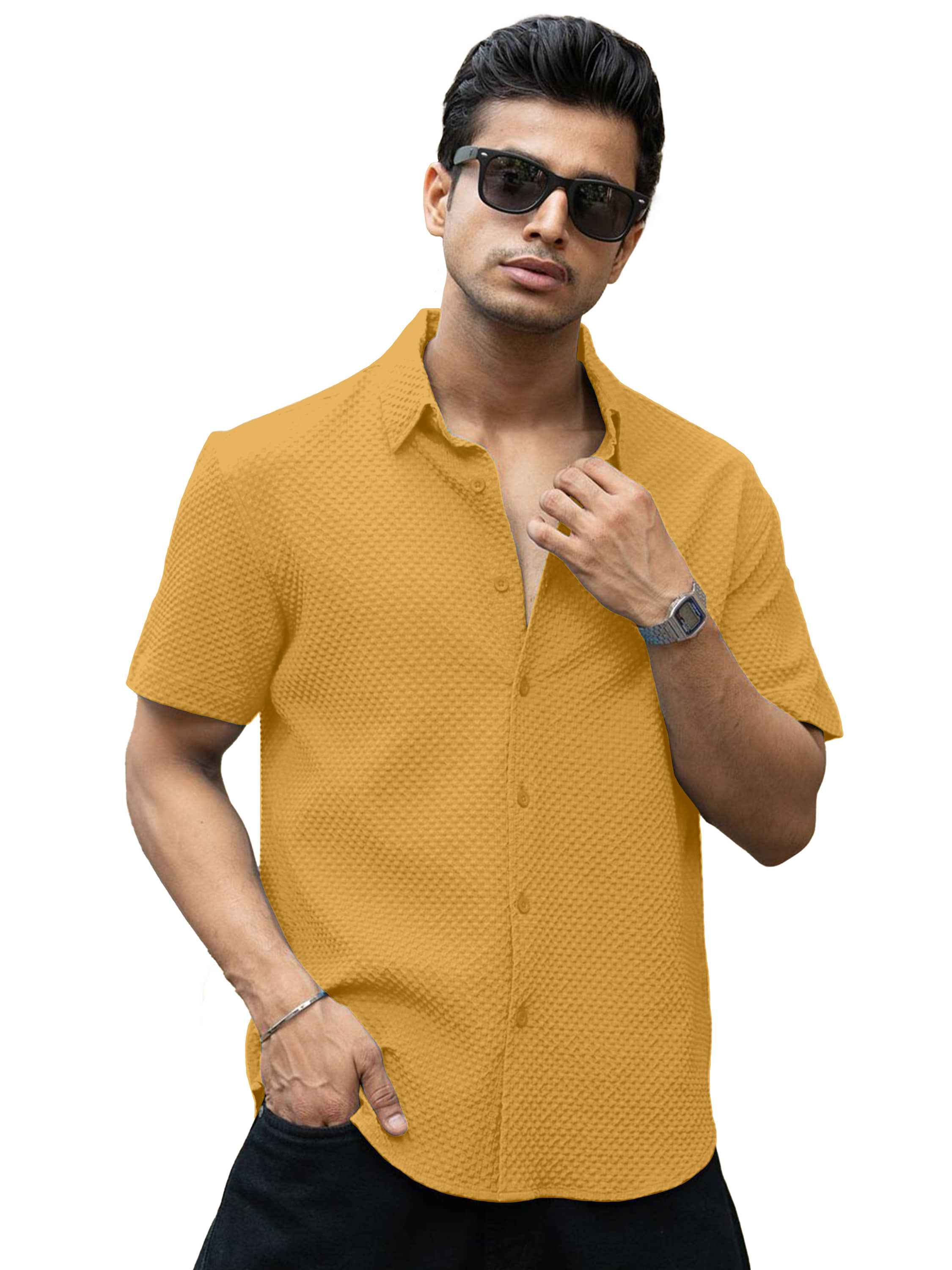 color bucket Cotton Blend Regular Fit Popcorn Textured Half Sleeves Men's Casual Shirt - Yellow ( Pack of 1 )