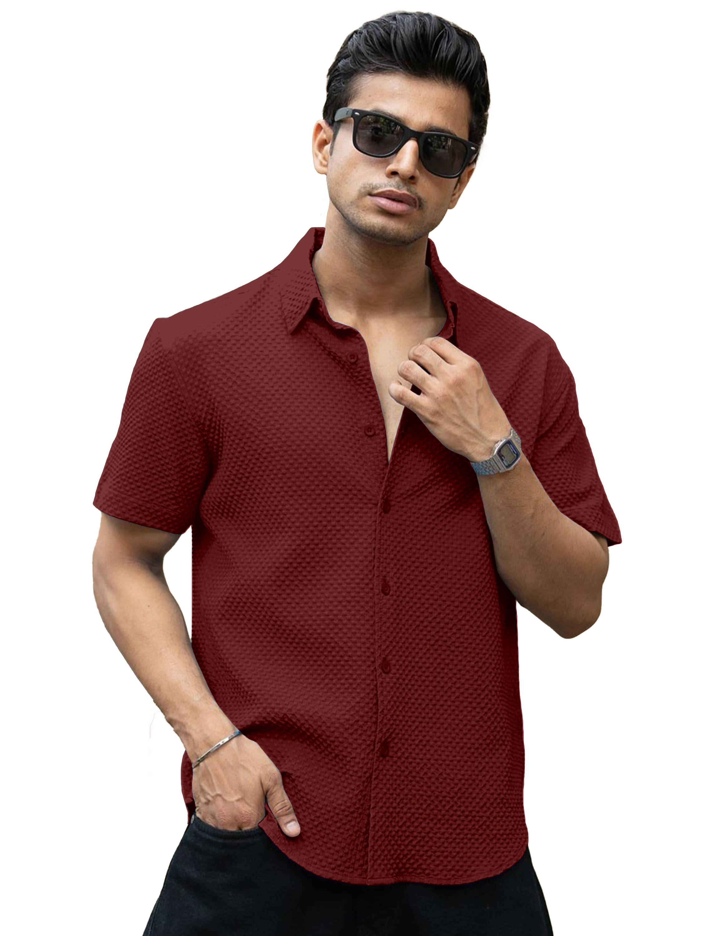     			color bucket Cotton Blend Regular Fit Popcorn Textured Half Sleeves Men's Casual Shirt - Maroon ( Pack of 1 )