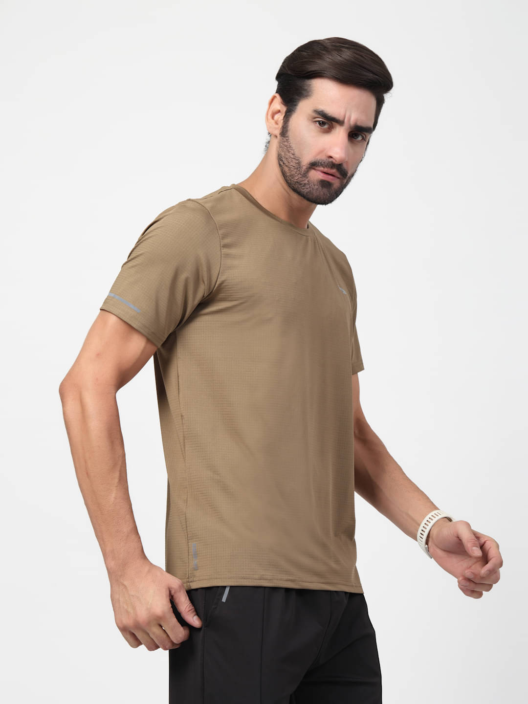 ASIAN Men Polyester Regular Fit Self Design T-Shirt ( Camel )     			ASIAN Men Polyester Regular Fit Self Design T-Shirt ( Camel )
