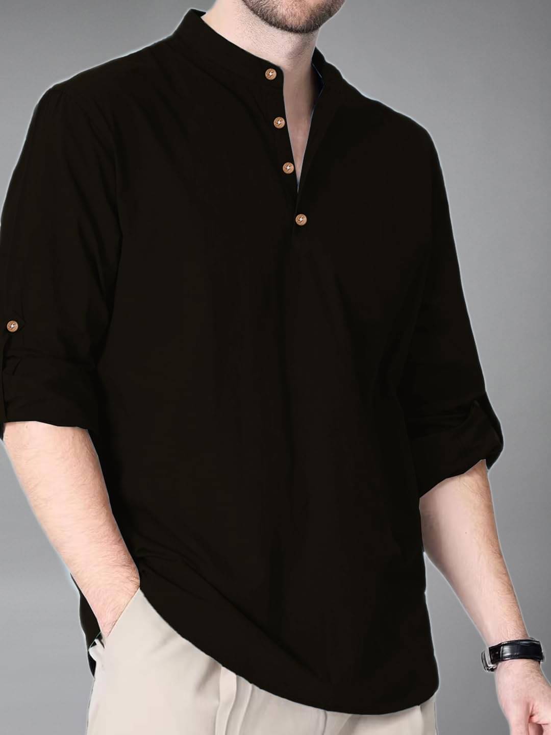     			BHUVIKOO Black Cotton Blend Men's Shirt Style Kurta ( Pack of 1 )