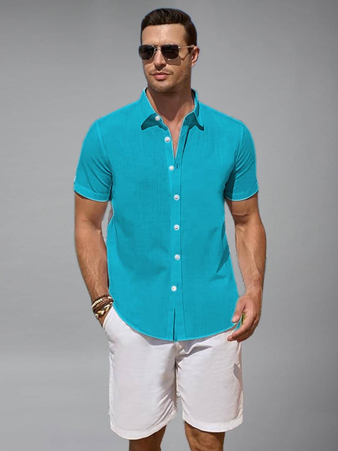 BHUVIKOO Cotton Blend Slim Fit Solids Half Sleeves Men's Casual Shirt - Turquoise ( Pack of 1 ) BHUVIKOO Cotton Blend Slim Fit Solids Half Sleeves Men's Casual Shirt - Turquoise ( Pack of 1 )