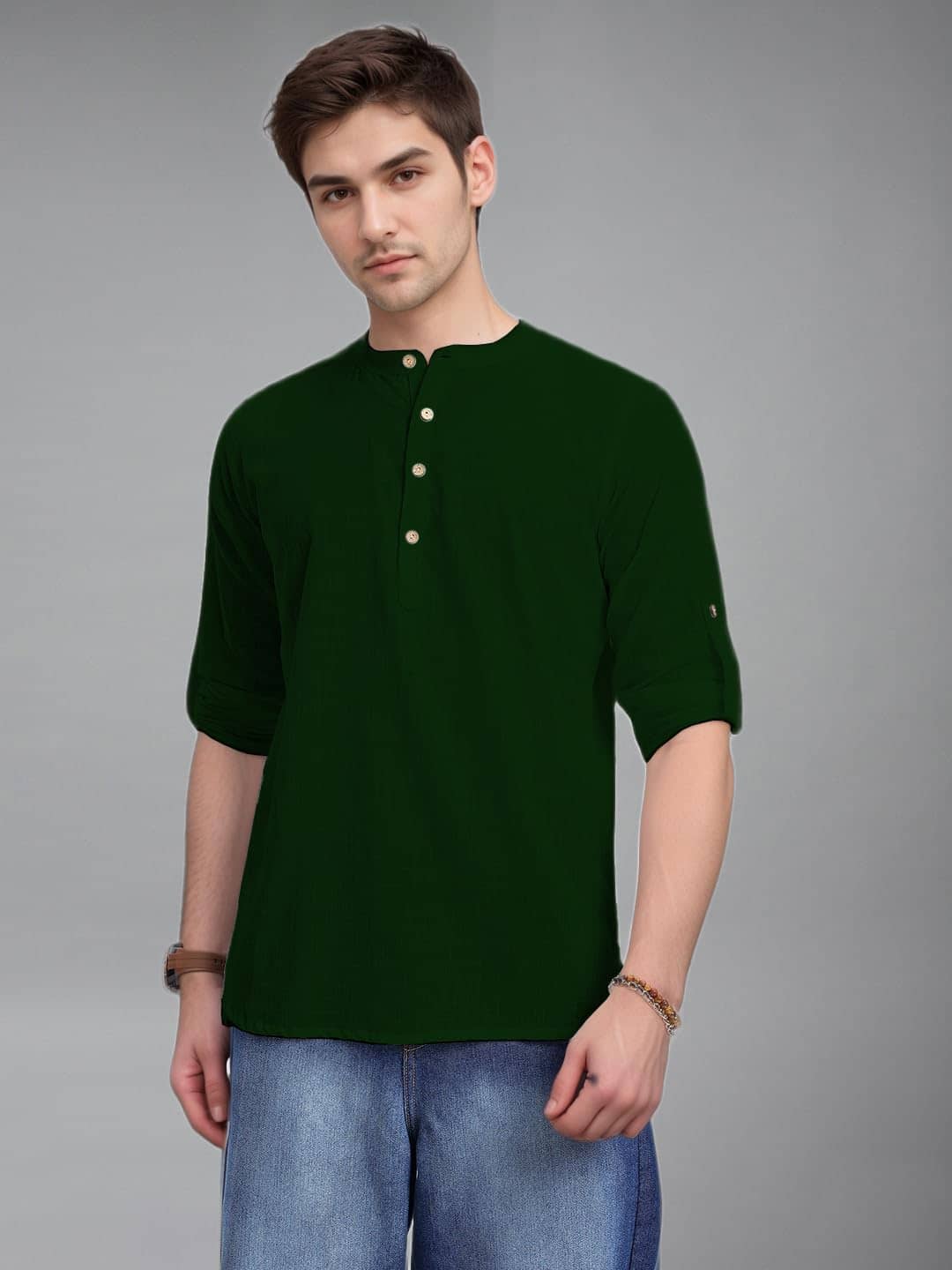 BHUVIKOO Cotton Blend Plain Shirt Style Kurta For Men ( Green ) - Kurtas & Kurta Sets | Buy online on ZillyBuy