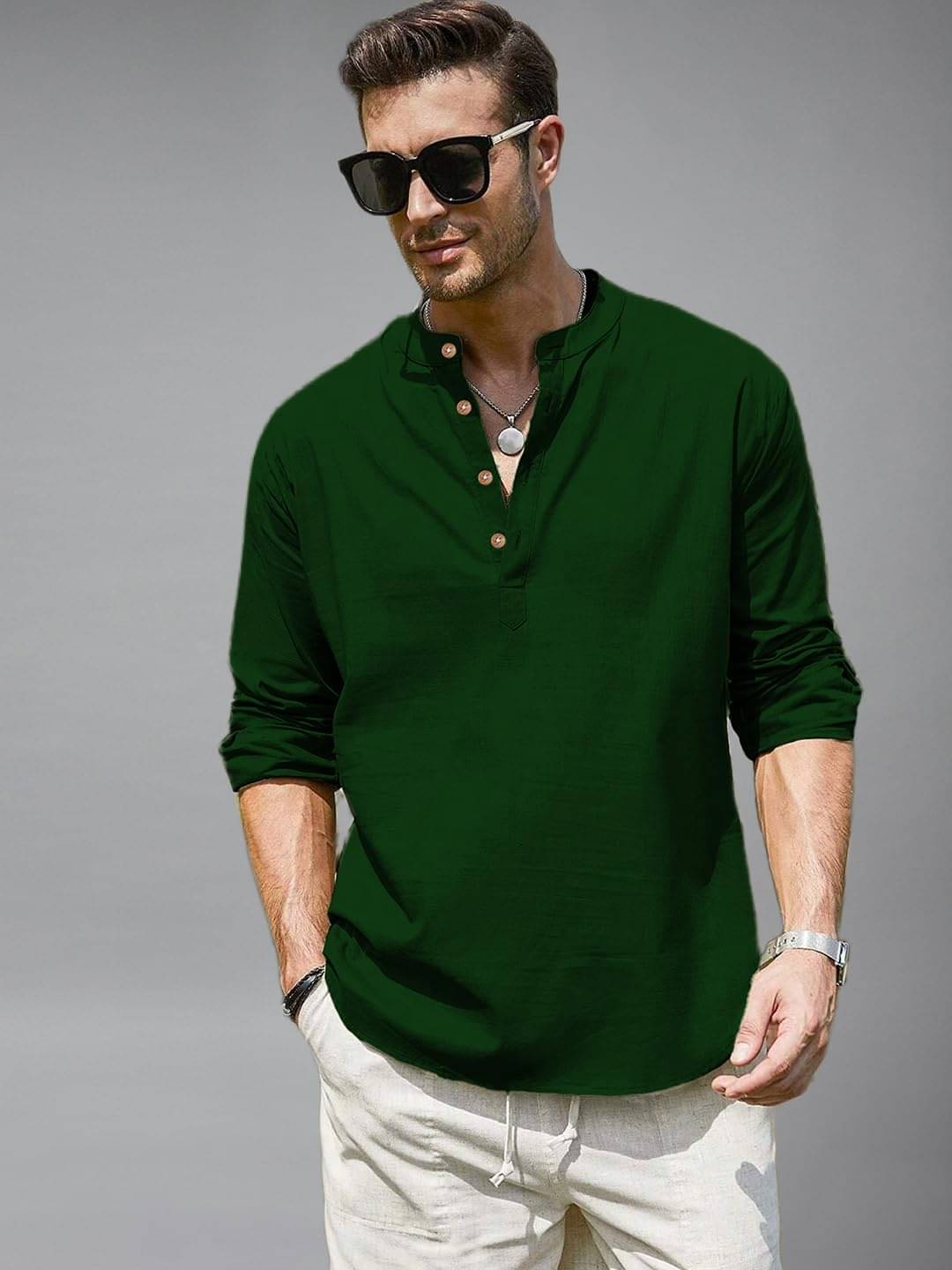     			BHUVIKOO Green Cotton Blend Men's Shirt Style Kurta ( Pack of 1 )