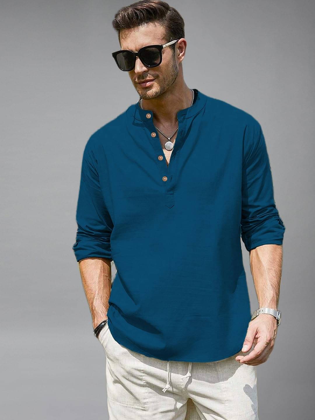 BHUVIKOO Indigo Cotton Blend Men's Shirt Style Kurta ( Pack of 1 )     			BHUVIKOO Indigo Cotton Blend Men's Shirt Style Kurta ( Pack of 1 )