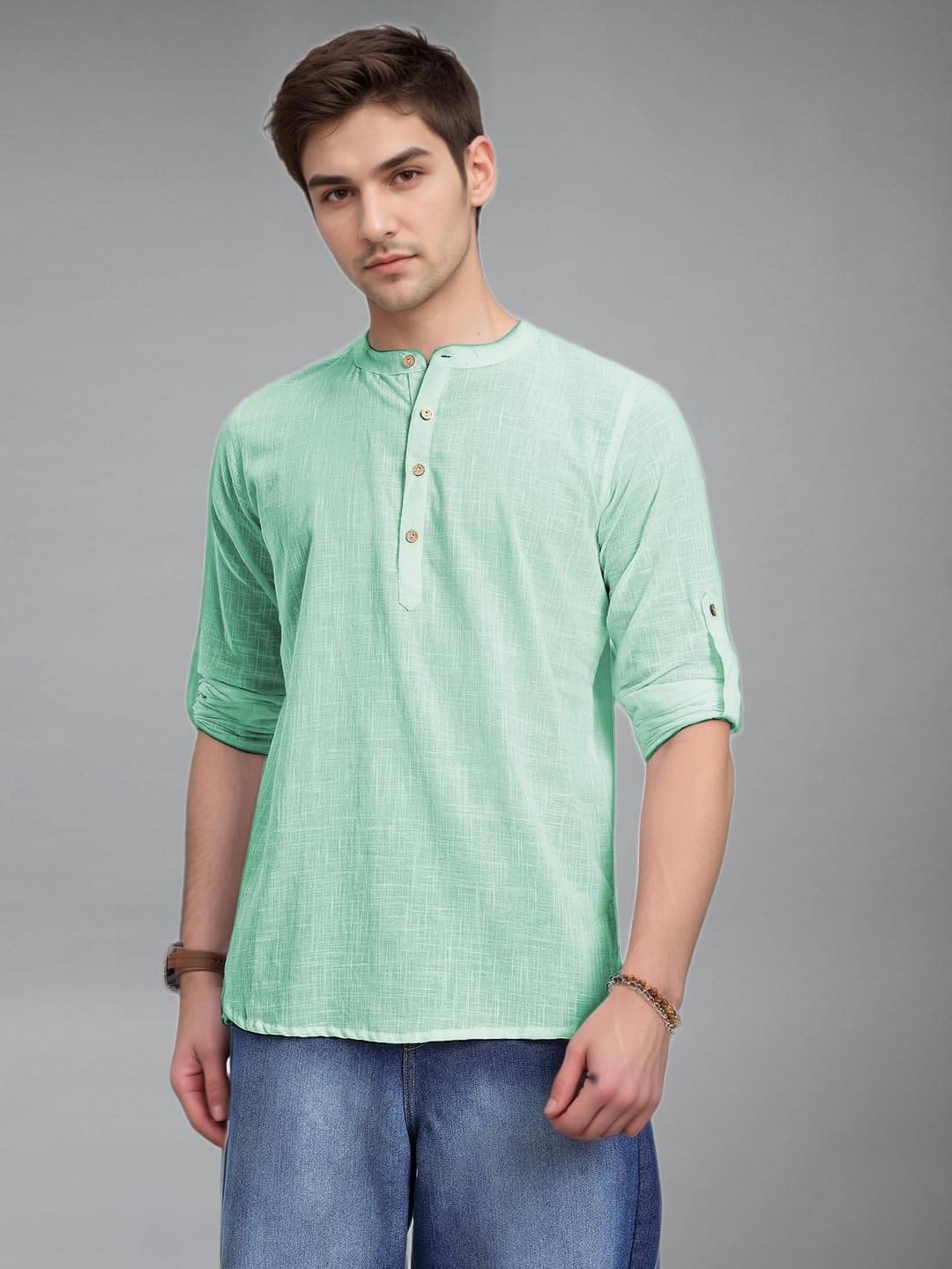     			BHUVIKOO Light Blue Cotton Blend Men's Shirt Style Kurta ( Pack of 1 )