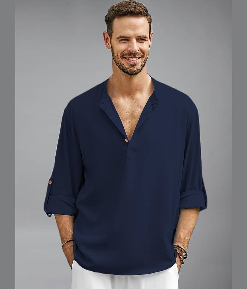 BHUVIKOO Cotton Blend Plain Shirt Style Kurta For Men ( Navy Blue ) - Kurtas & Kurta Sets | Buy online on ZillyBuy