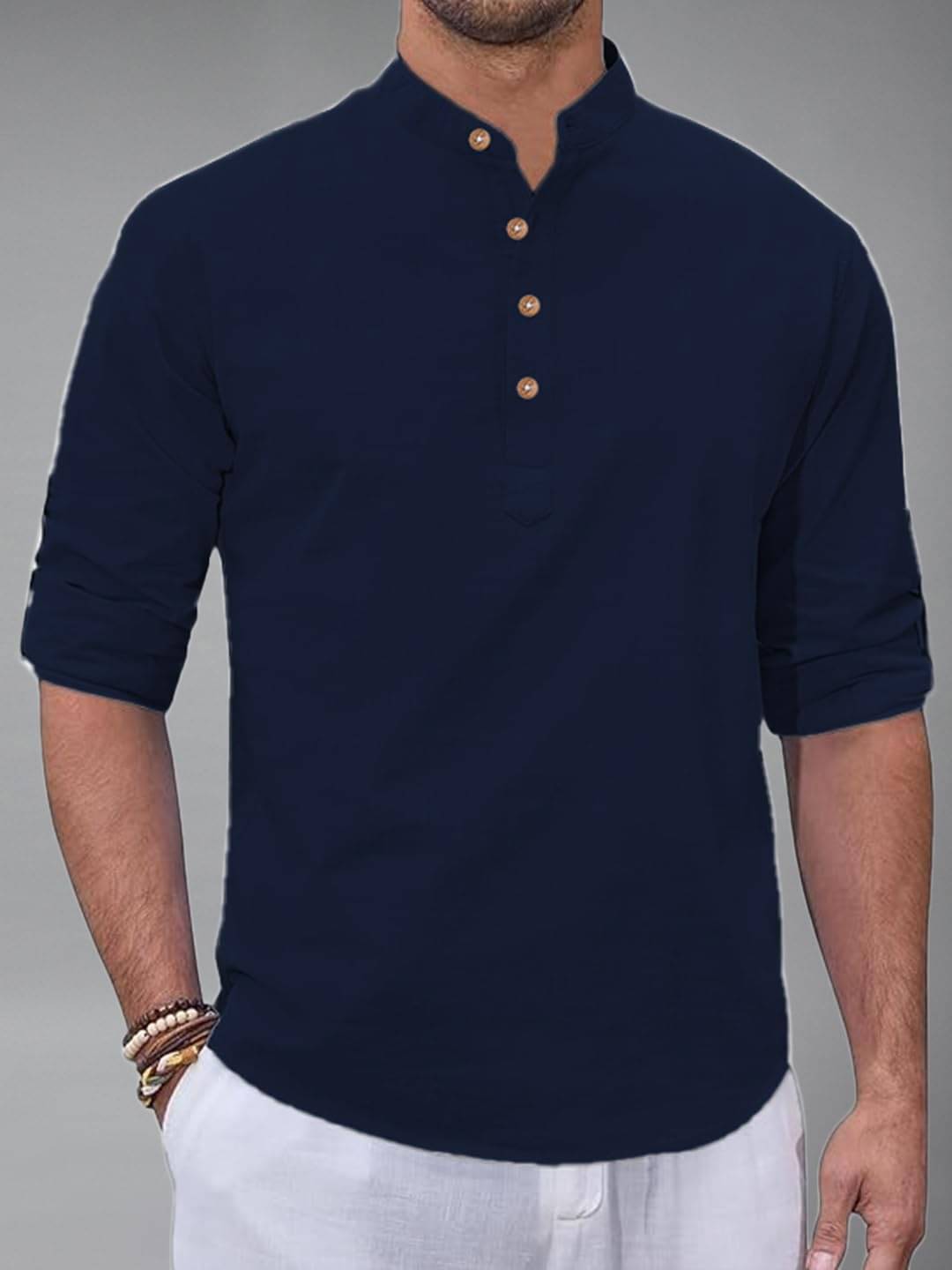     			BHUVIKOO Navy Blue Cotton Blend Men's Shirt Style Kurta ( Pack of 1 )