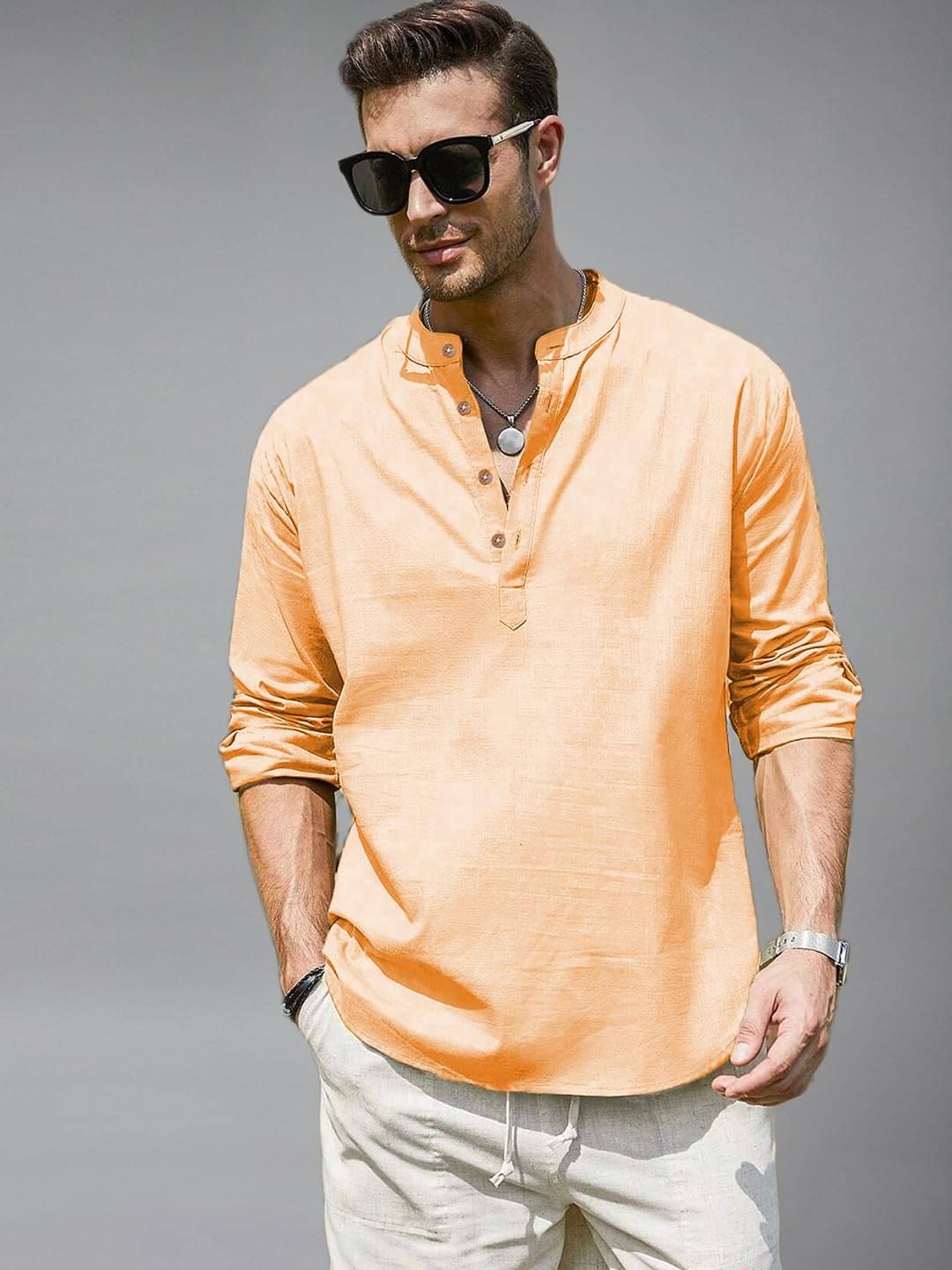     			BHUVIKOO Orange Cotton Blend Men's Shirt Style Kurta ( Pack of 1 )