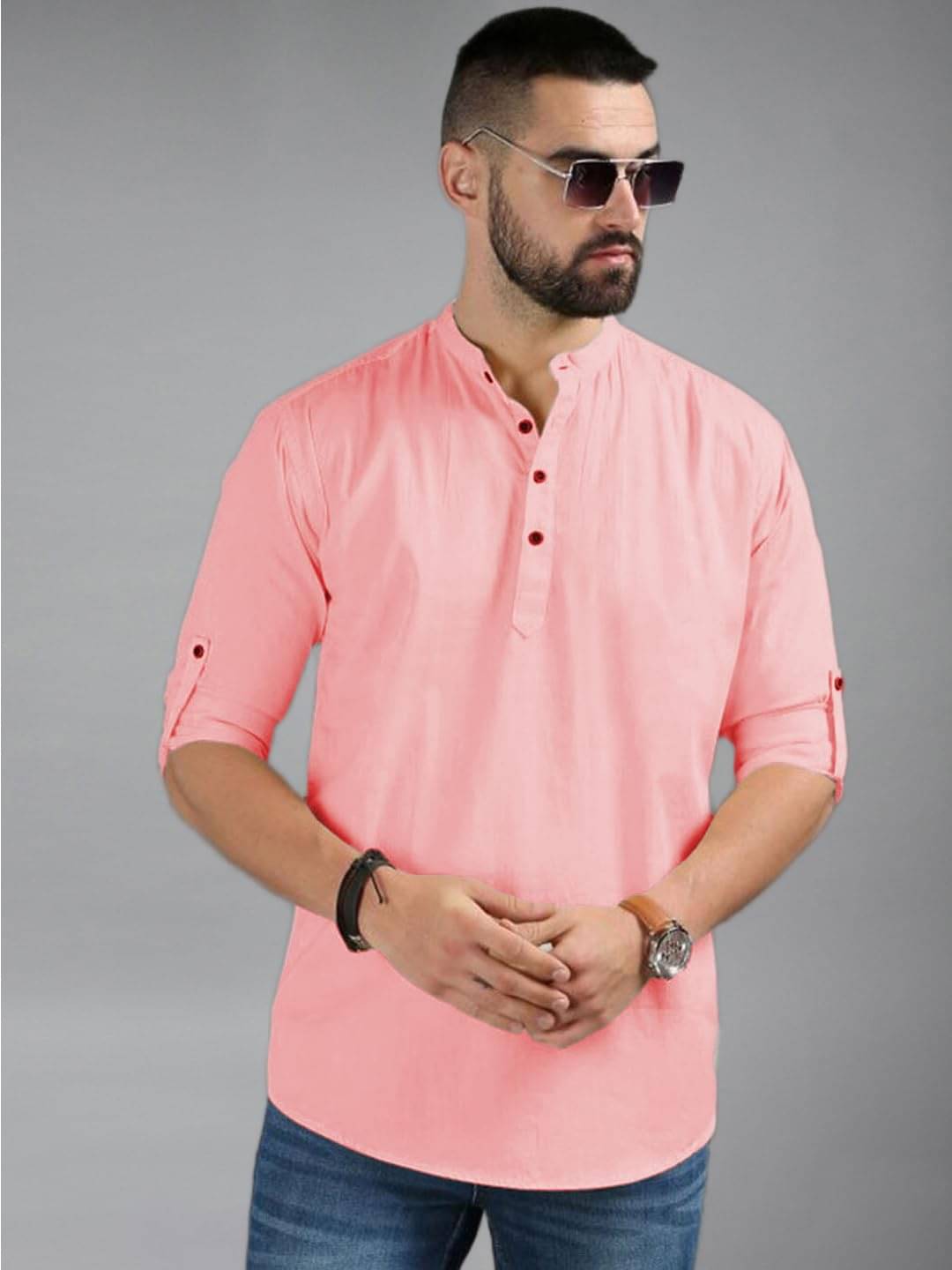     			BHUVIKOO Peach Cotton Blend Men's Shirt Style Kurta ( Pack of 1 )