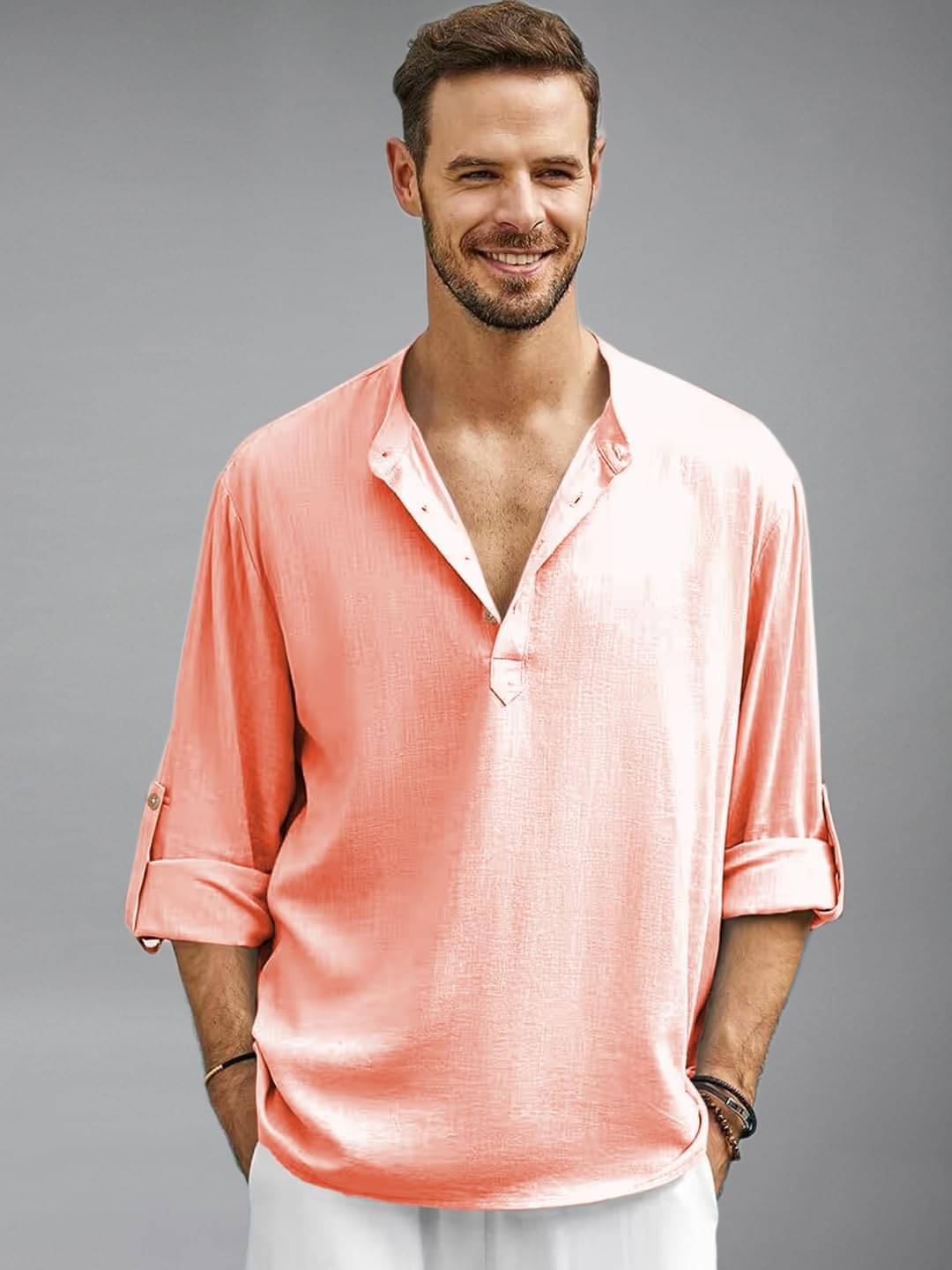 BHUVIKOO Peach Cotton Blend Men's Shirt Style Kurta ( Pack of 1 )     			BHUVIKOO Peach Cotton Blend Men's Shirt Style Kurta ( Pack of 1 )