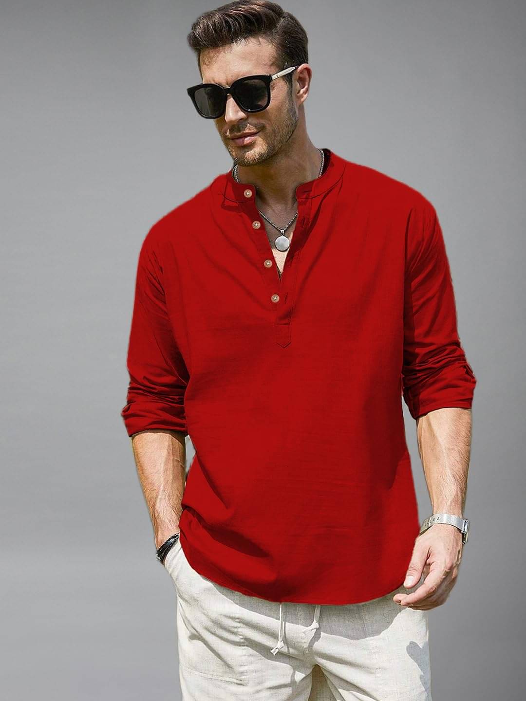     			BHUVIKOO Red Cotton Blend Men's Shirt Style Kurta ( Pack of 1 )